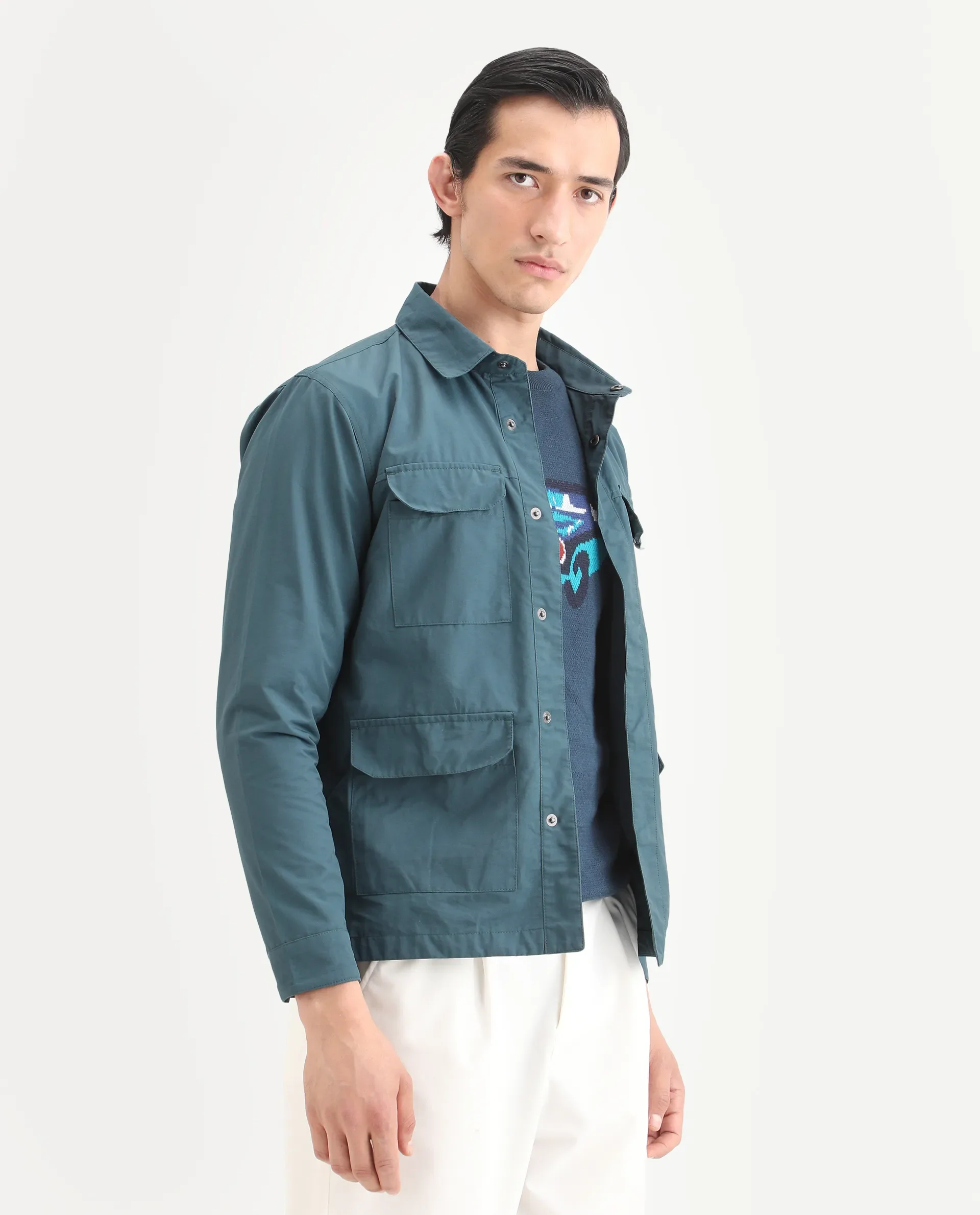 Rare Rabbit Men's Feliu Teal Cotton Plain Regular Fit Full Sleeve Spread Collar Jacket - Image 6