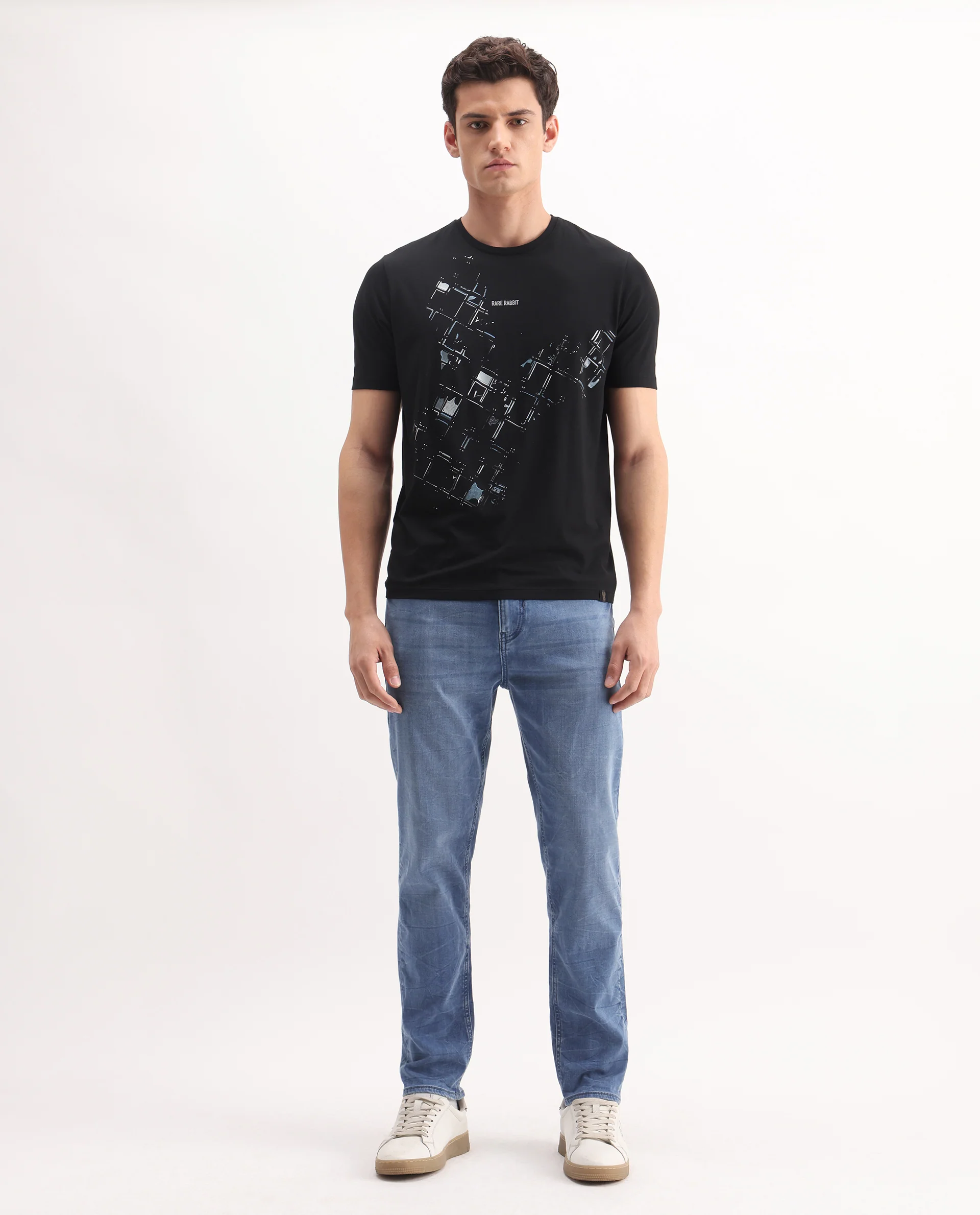 Rare Rabbit Men's Felix-K Blue Cotton Blend Plain Kurt Carrot Fit Jeans