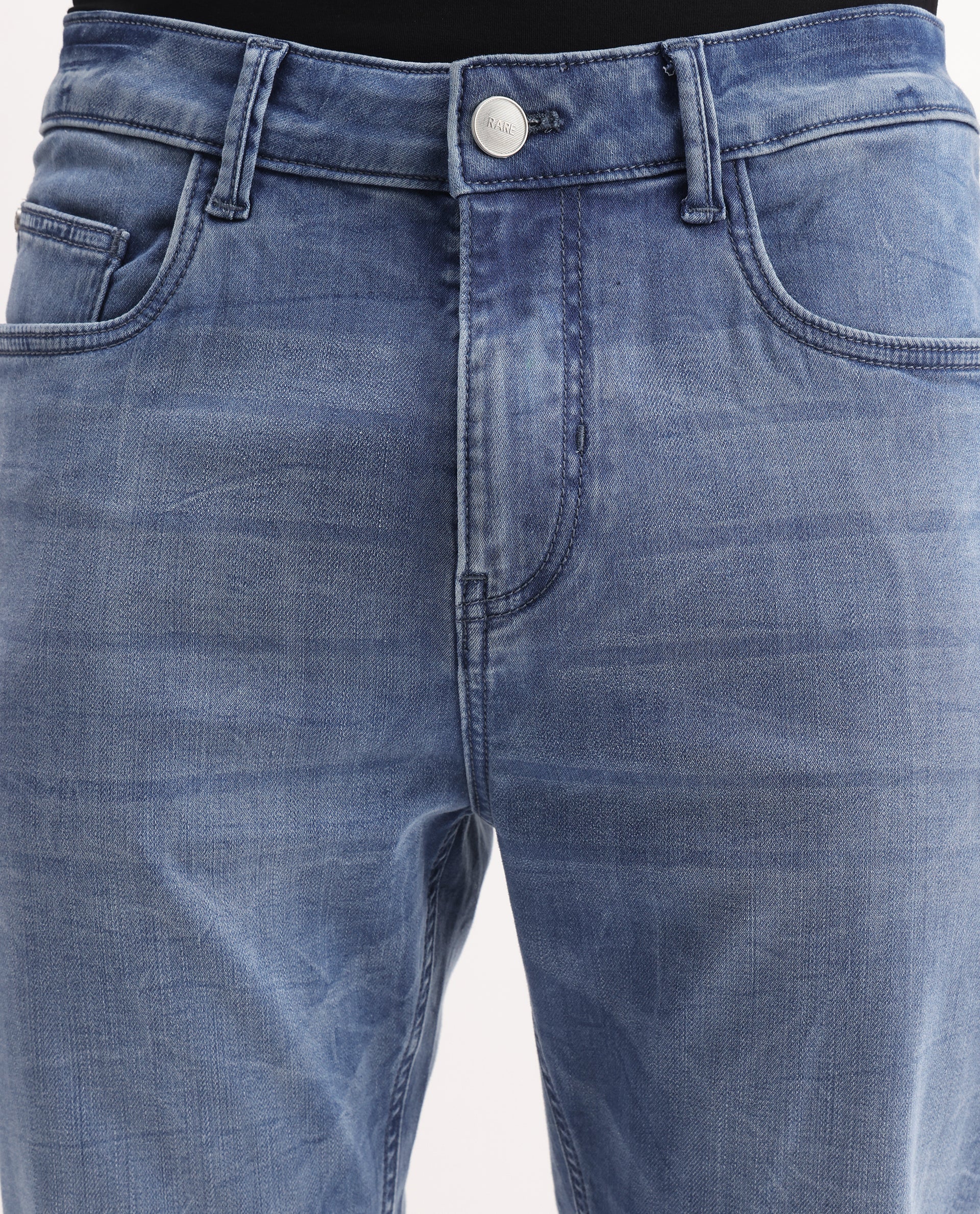 Rare Rabbit Men's Felix-K Blue Cotton Blend Plain Kurt Carrot Fit Jeans - Image 2