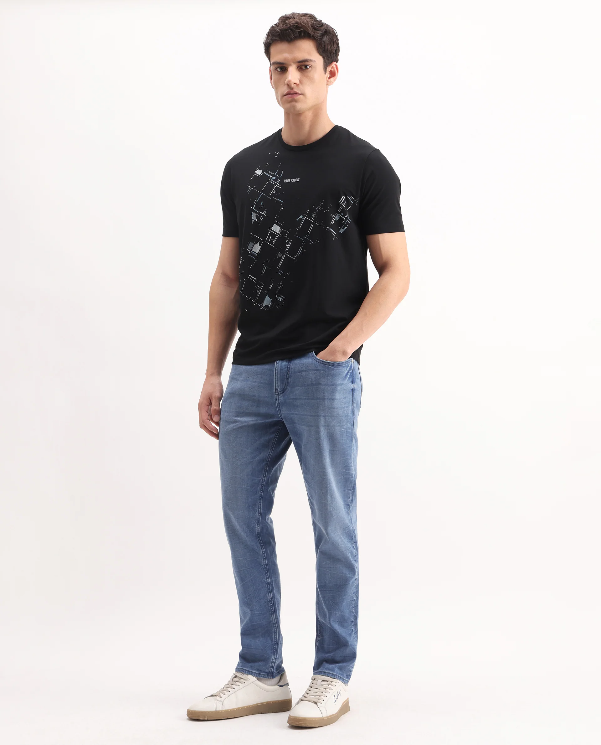 Rare Rabbit Men's Felix-K Blue Cotton Blend Plain Kurt Carrot Fit Jeans - Image 3