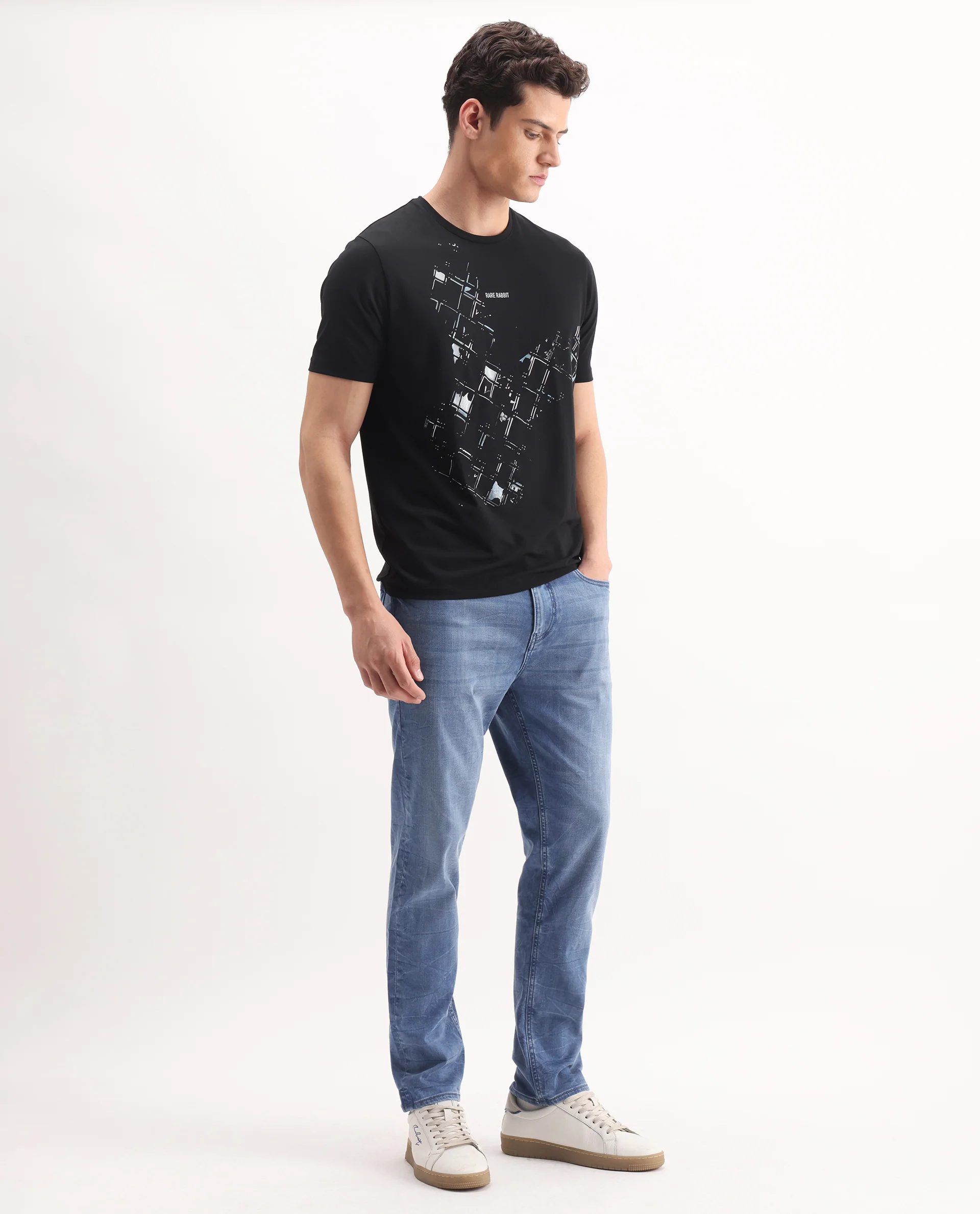 Rare Rabbit Men's Felix-K Blue Cotton Blend Plain Kurt Carrot Fit Jeans - Image 5