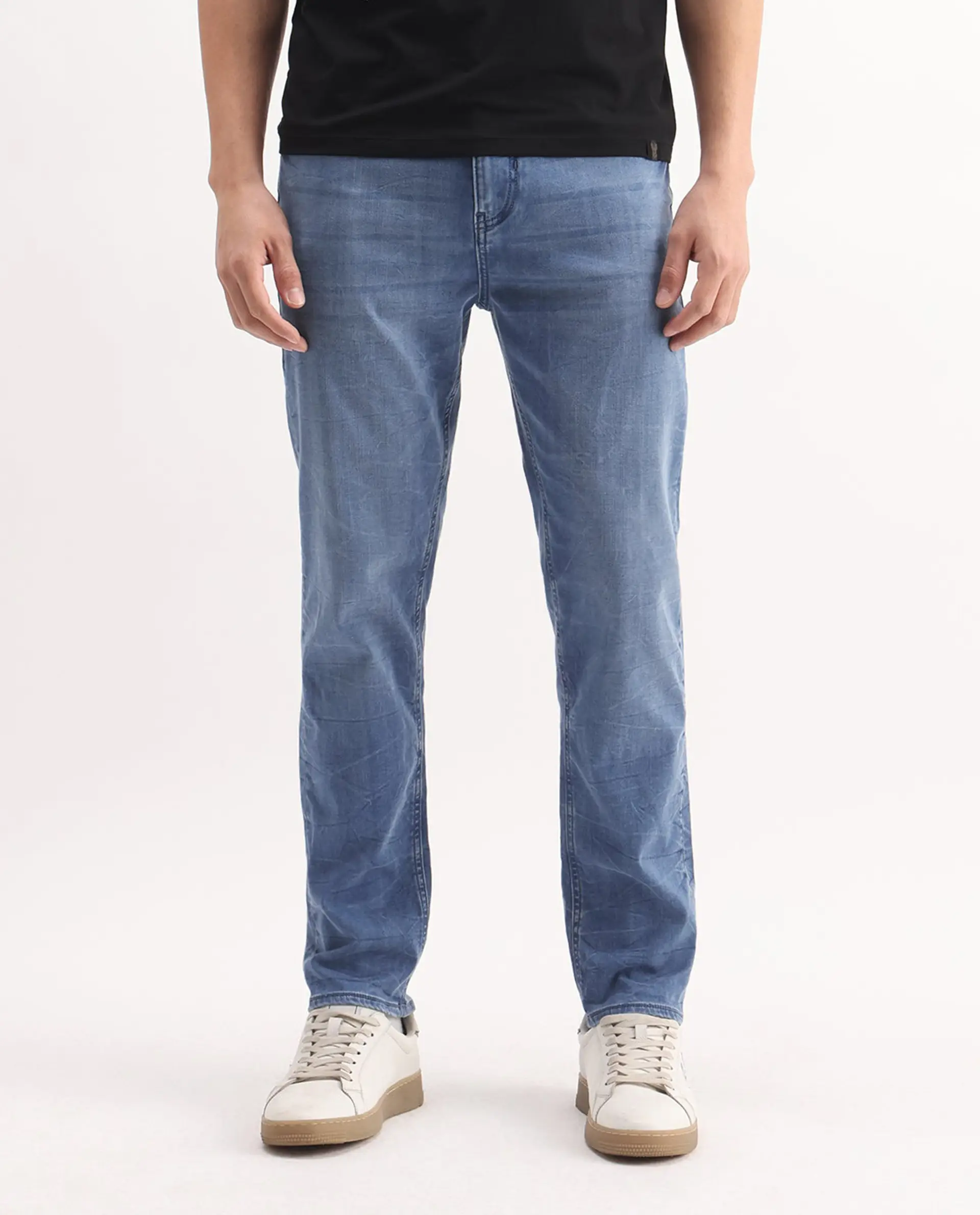 Rare Rabbit Men's Felix-K Blue Cotton Blend Plain Kurt Carrot Fit Jeans - Image 8