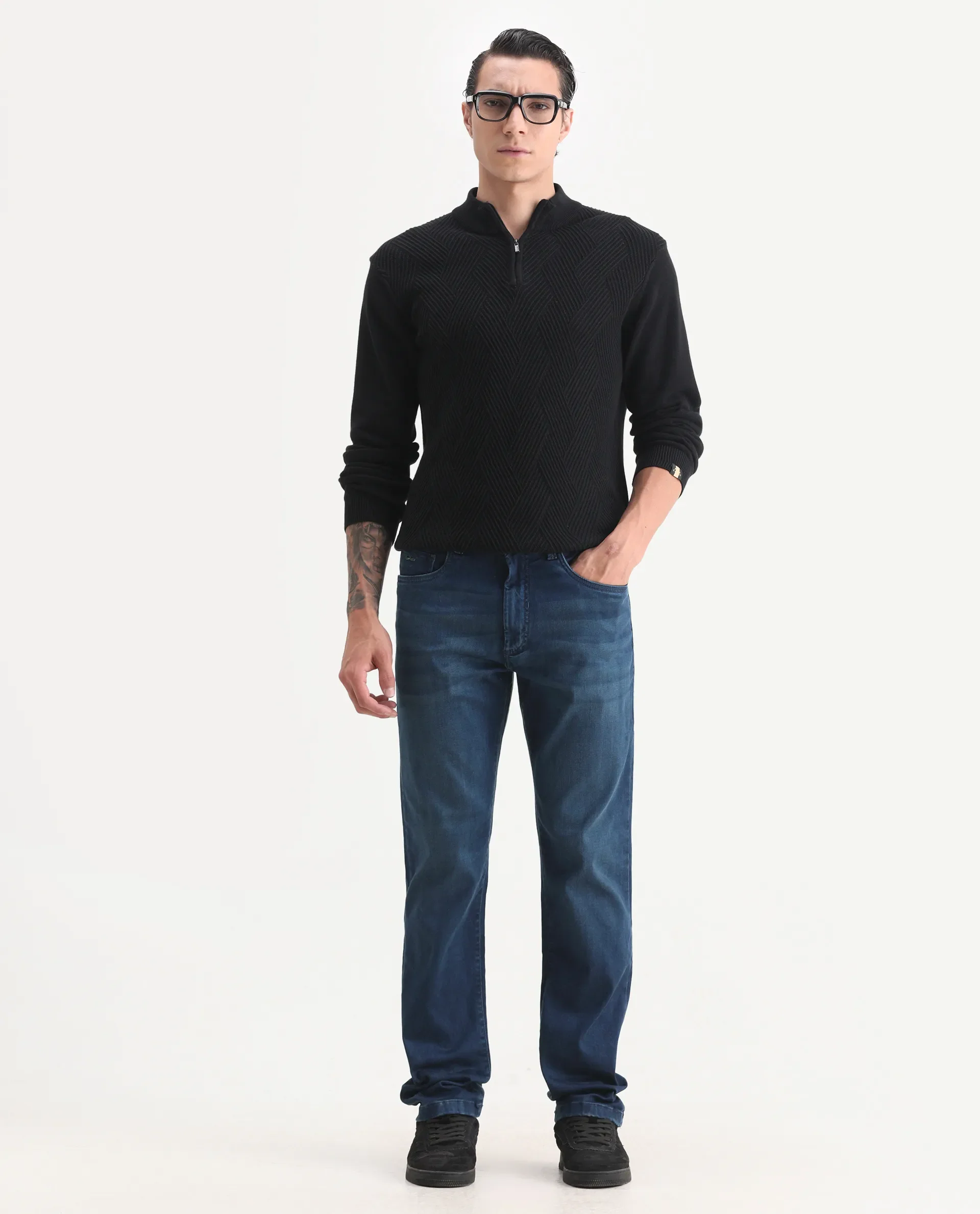Rare Rabbit Men's Felix-M Dark Blue Cotton Blend Fabric Morris Regular Fit Plain Jeans