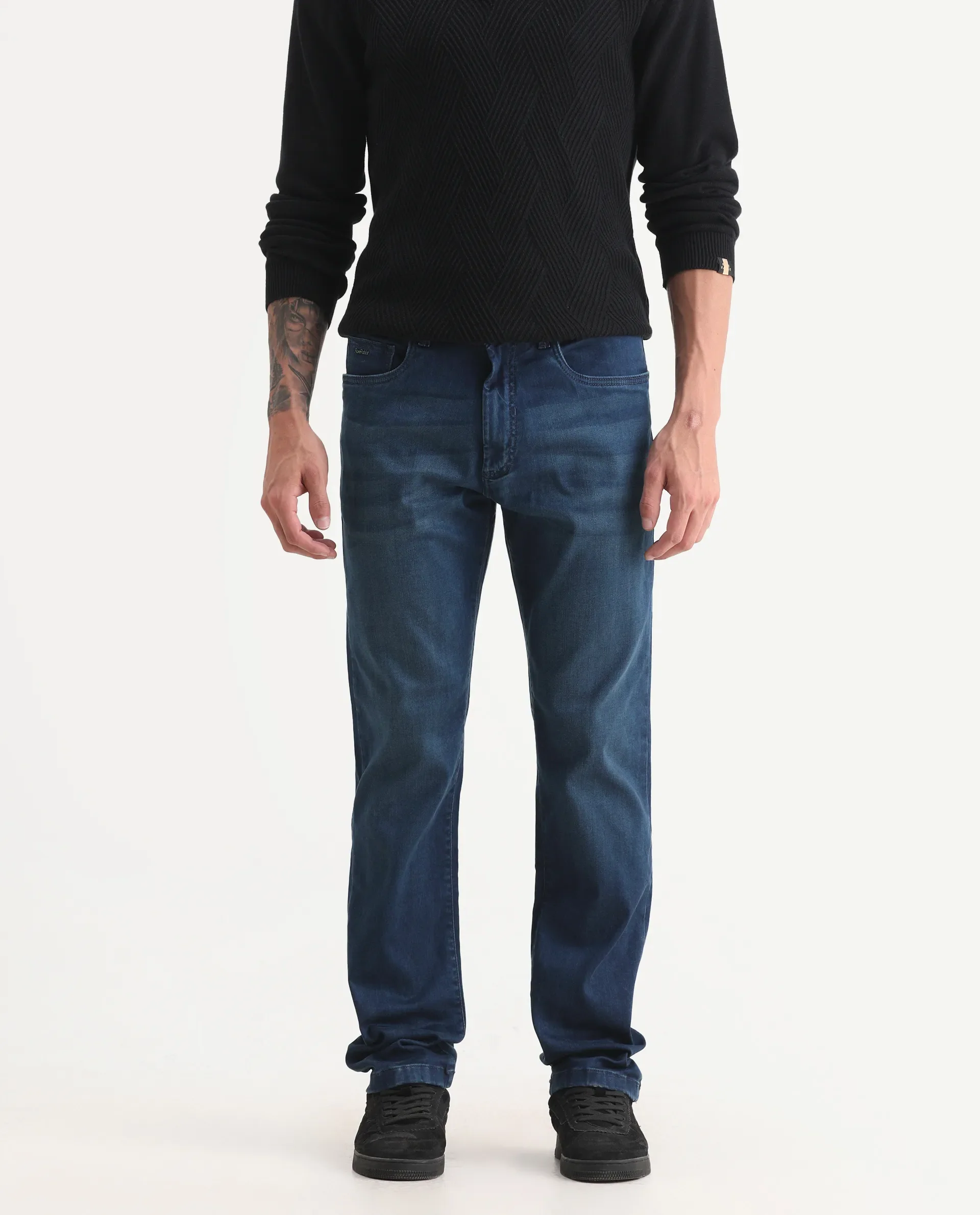 Rare Rabbit Men's Felix-M Dark Blue Cotton Blend Fabric Morris Regular Fit Plain Jeans - Image 2