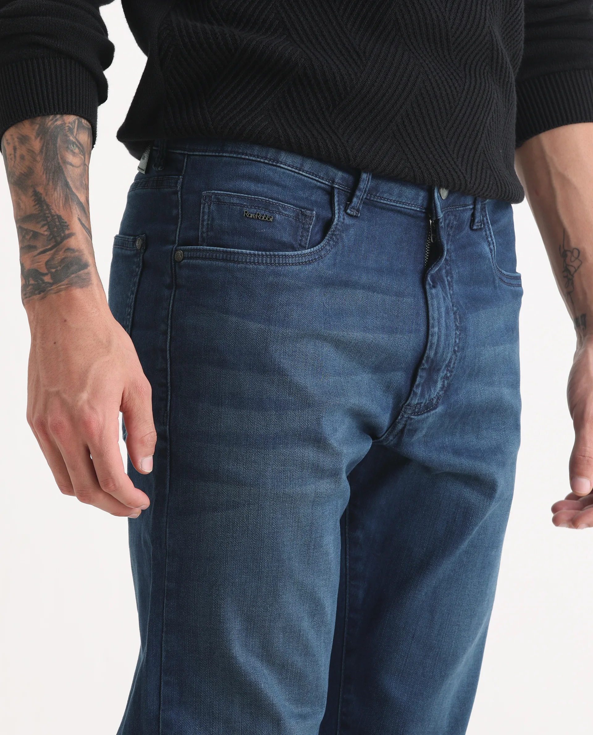 Rare Rabbit Men's Felix-M Dark Blue Cotton Blend Fabric Morris Regular Fit Plain Jeans - Image 3