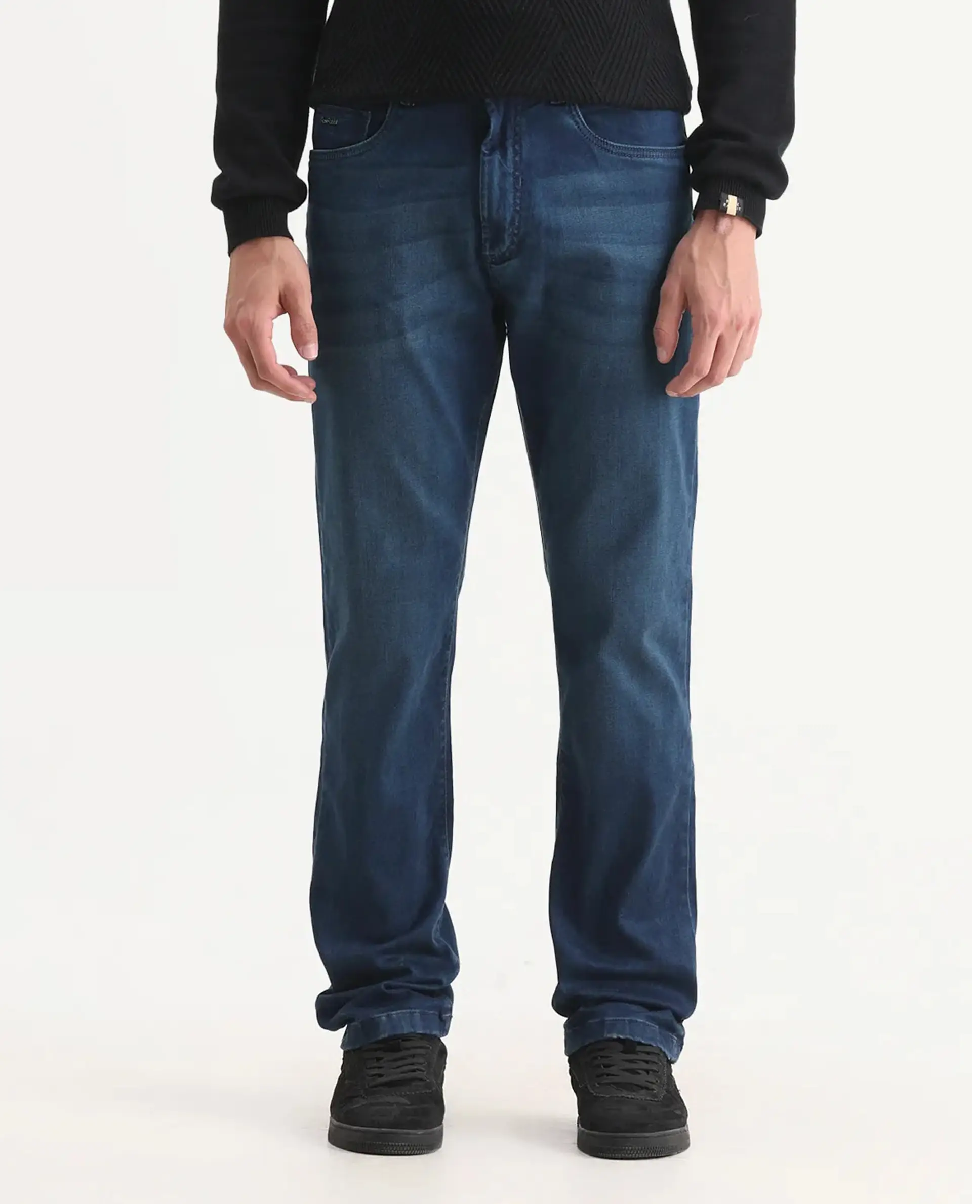 Rare Rabbit Men's Felix-M Dark Blue Cotton Blend Fabric Morris Regular Fit Plain Jeans - Image 9