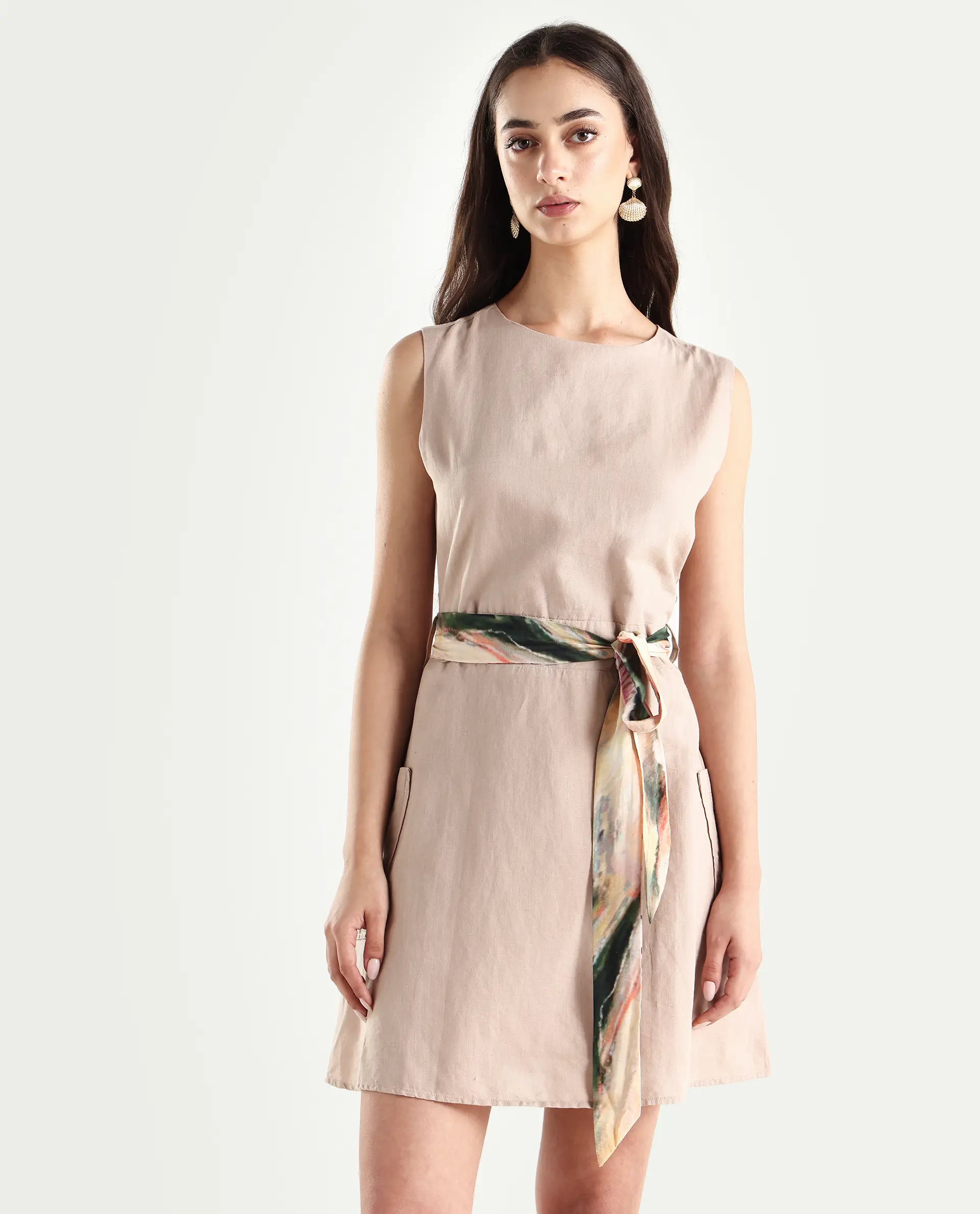 Rareism Women's Felix Light Beige Cotton Blend Crew Neck Plain Sleeveless Mini A-Line Dress - Image 3