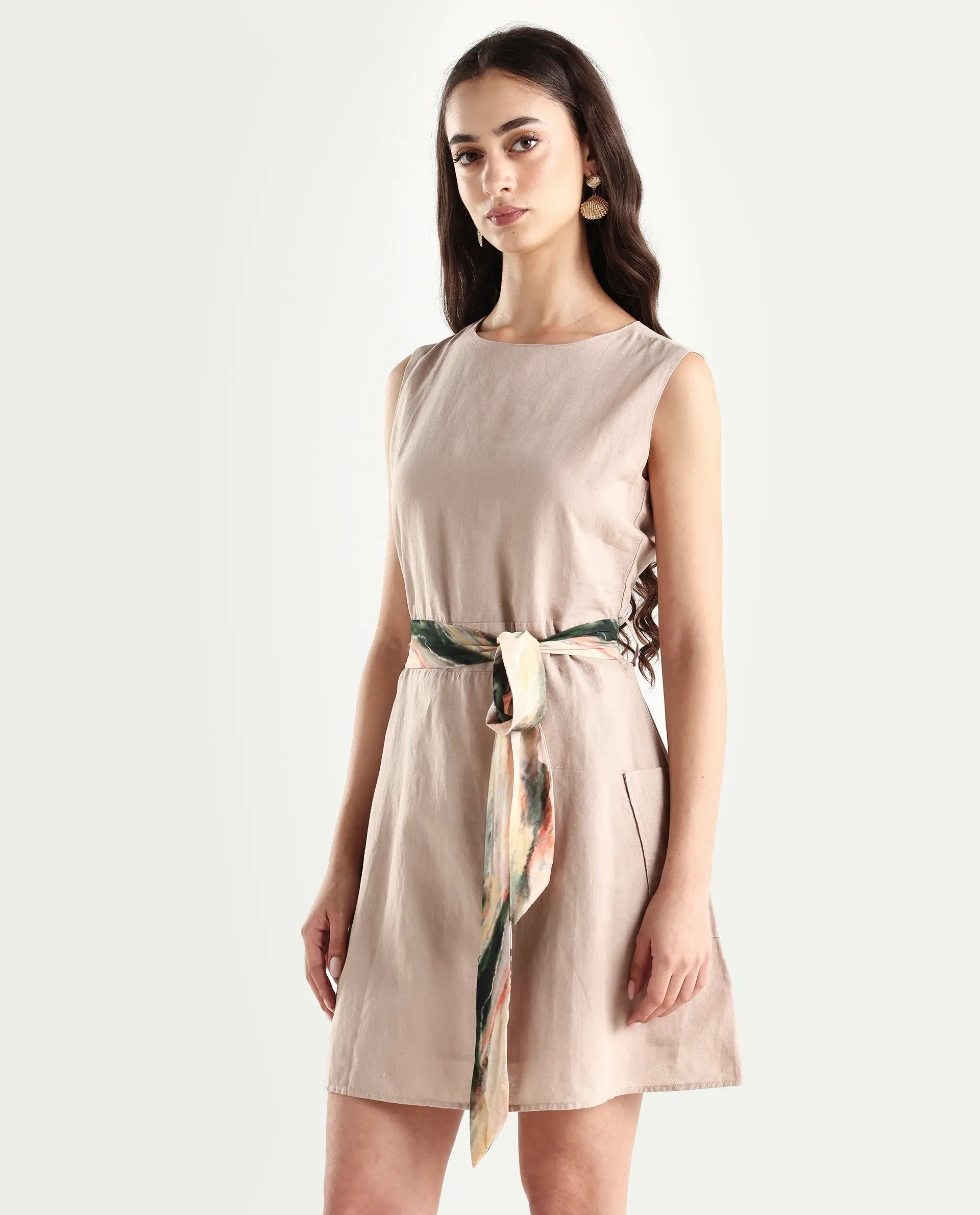 Rareism Women's Felix Light Beige Cotton Blend Crew Neck Plain Sleeveless Mini A-Line Dress - Image 5