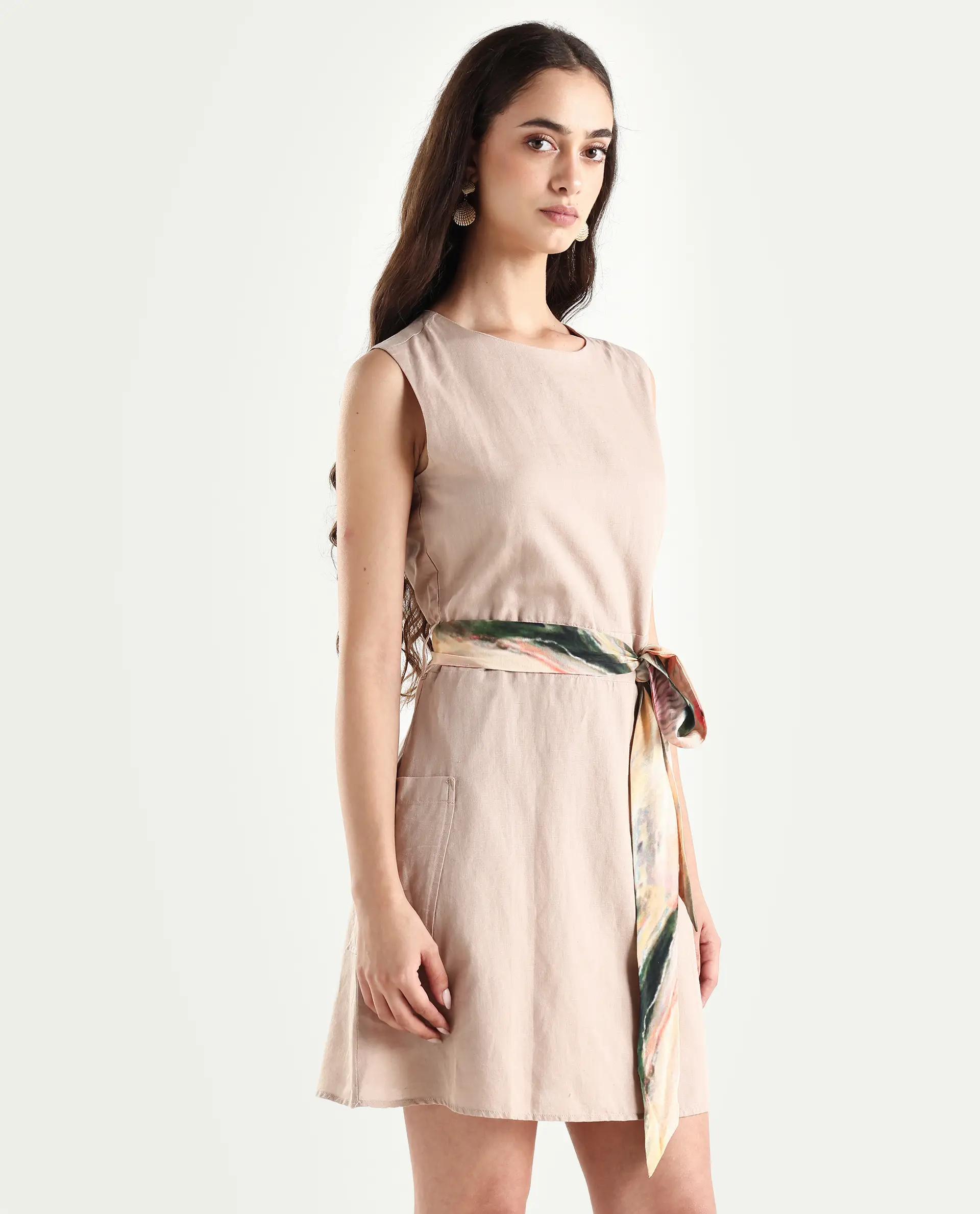 Rareism Women's Felix Light Beige Cotton Blend Crew Neck Plain Sleeveless Mini A-Line Dress - Image 6