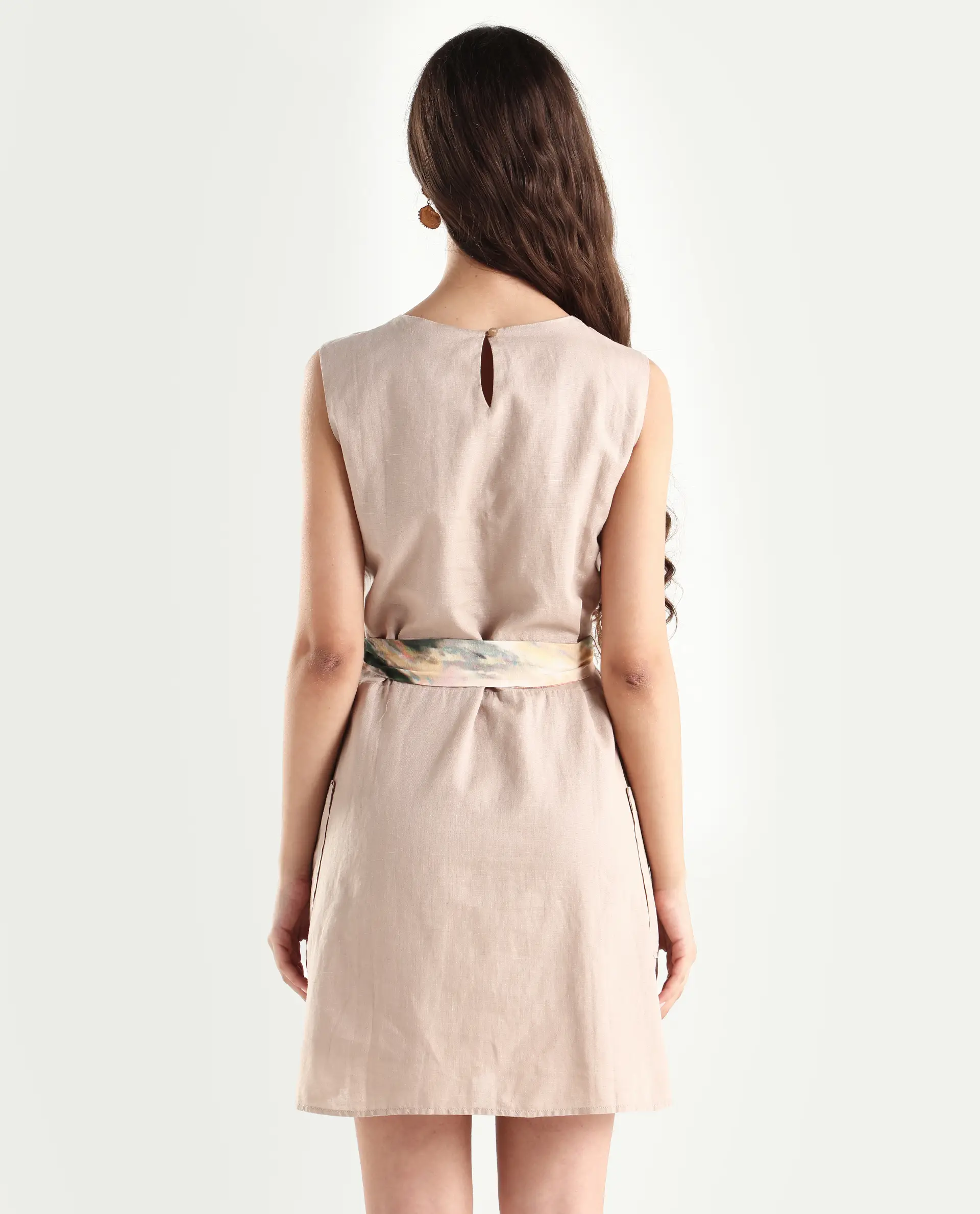 Rareism Women's Felix Light Beige Cotton Blend Crew Neck Plain Sleeveless Mini A-Line Dress - Image 7