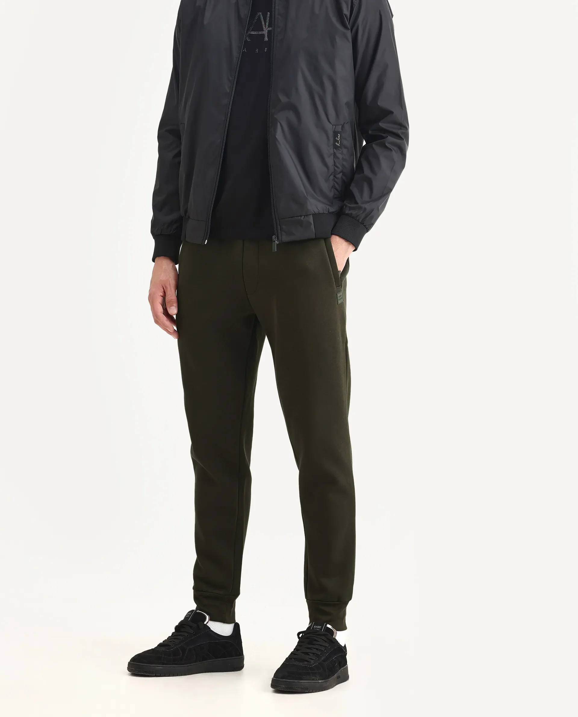Rare Rabbit Men's Fenit Olive Cotton Plain Regular Fit Joggers - Image 2