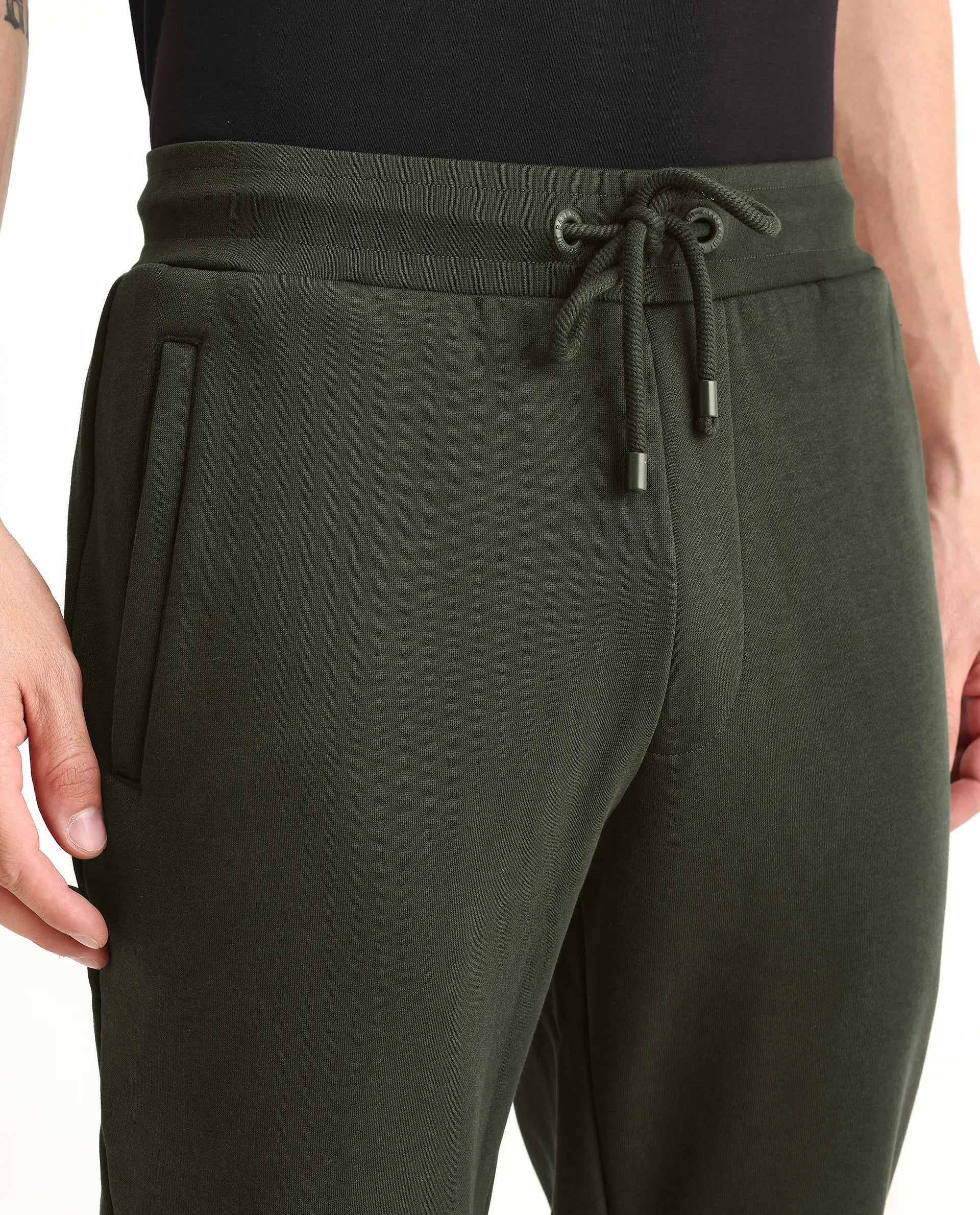 Rare Rabbit Men's Fenit Olive Cotton Plain Regular Fit Joggers - Image 3