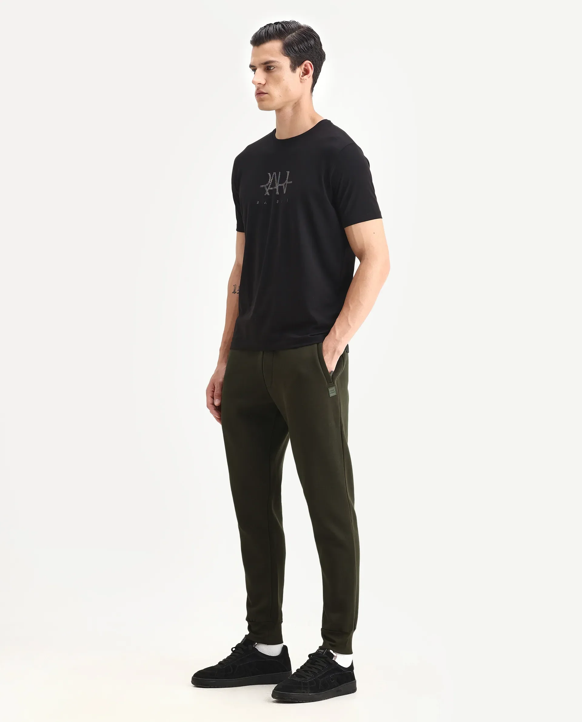 Rare Rabbit Men's Fenit Olive Cotton Plain Regular Fit Joggers - Image 4