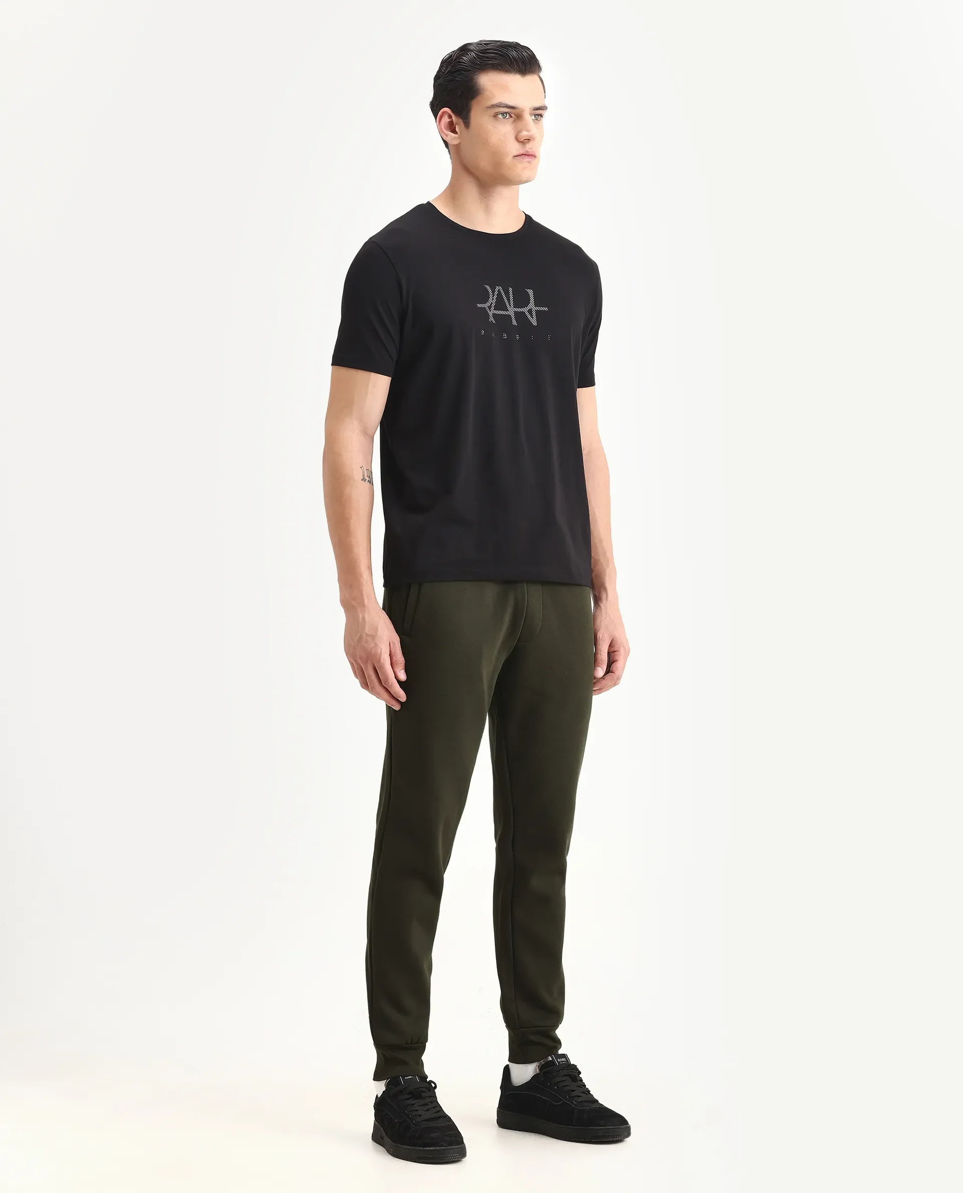 Rare Rabbit Men's Fenit Olive Cotton Plain Regular Fit Joggers - Image 5
