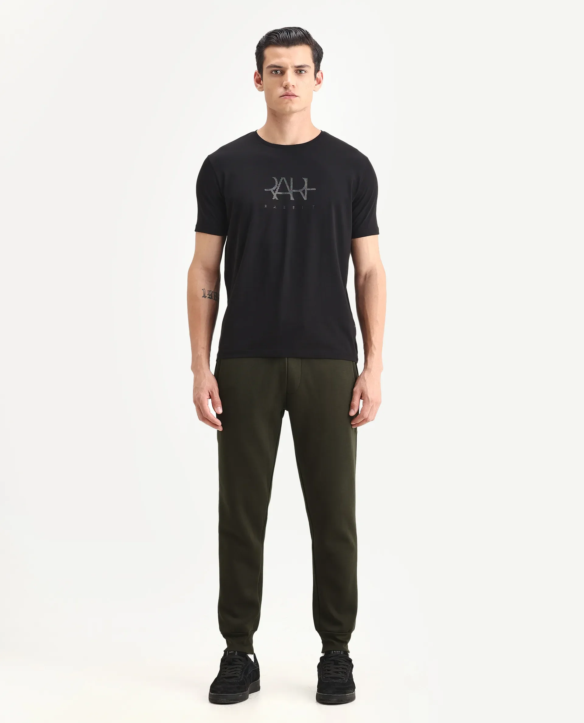 Rare Rabbit Men's Fenit Olive Cotton Plain Regular Fit Joggers - Image 6