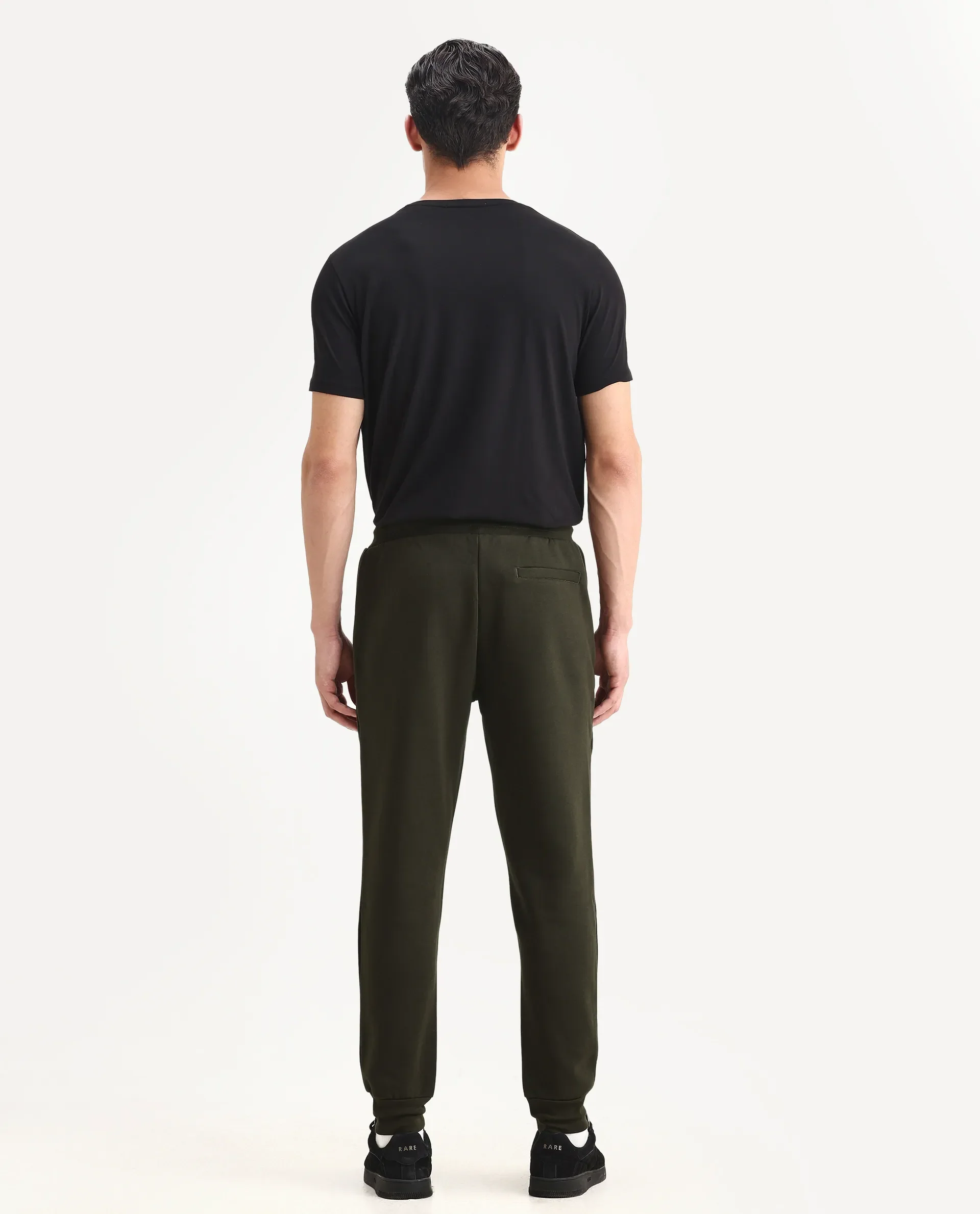 Rare Rabbit Men's Fenit Olive Cotton Plain Regular Fit Joggers - Image 7