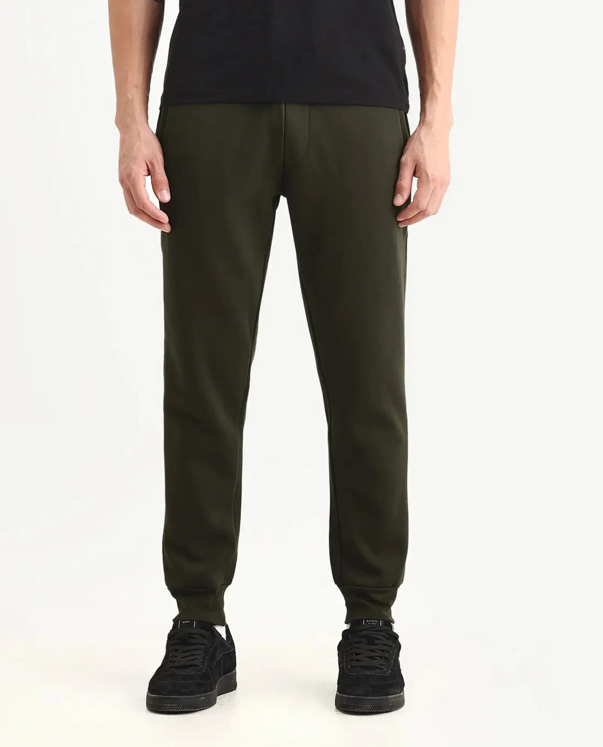 Rare Rabbit Men's Fenit Olive Cotton Plain Regular Fit Joggers - Image 8