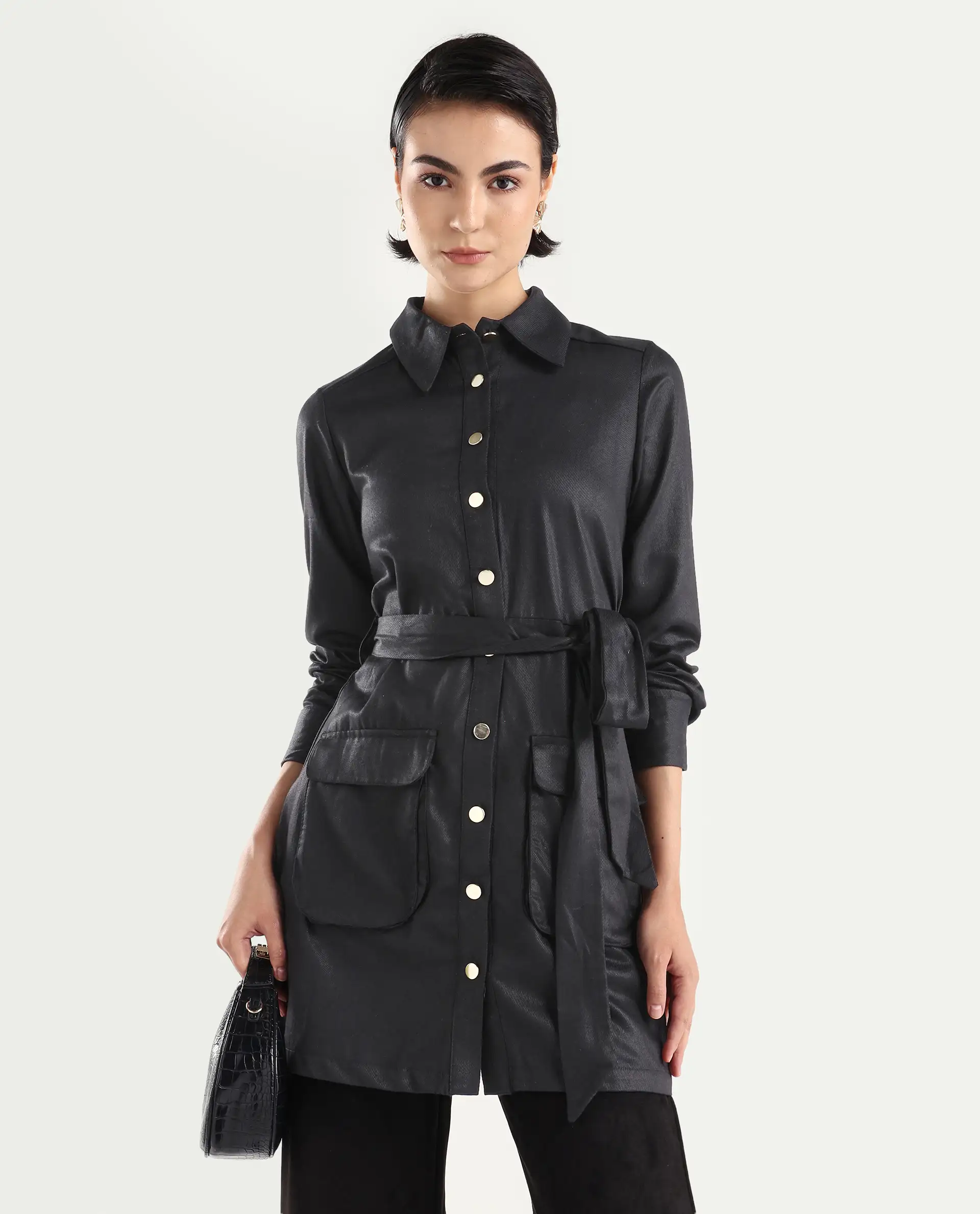 Rareism Women's Fenko Black Cotton Spread Collar Plain Mini Relaxed Fit Dress