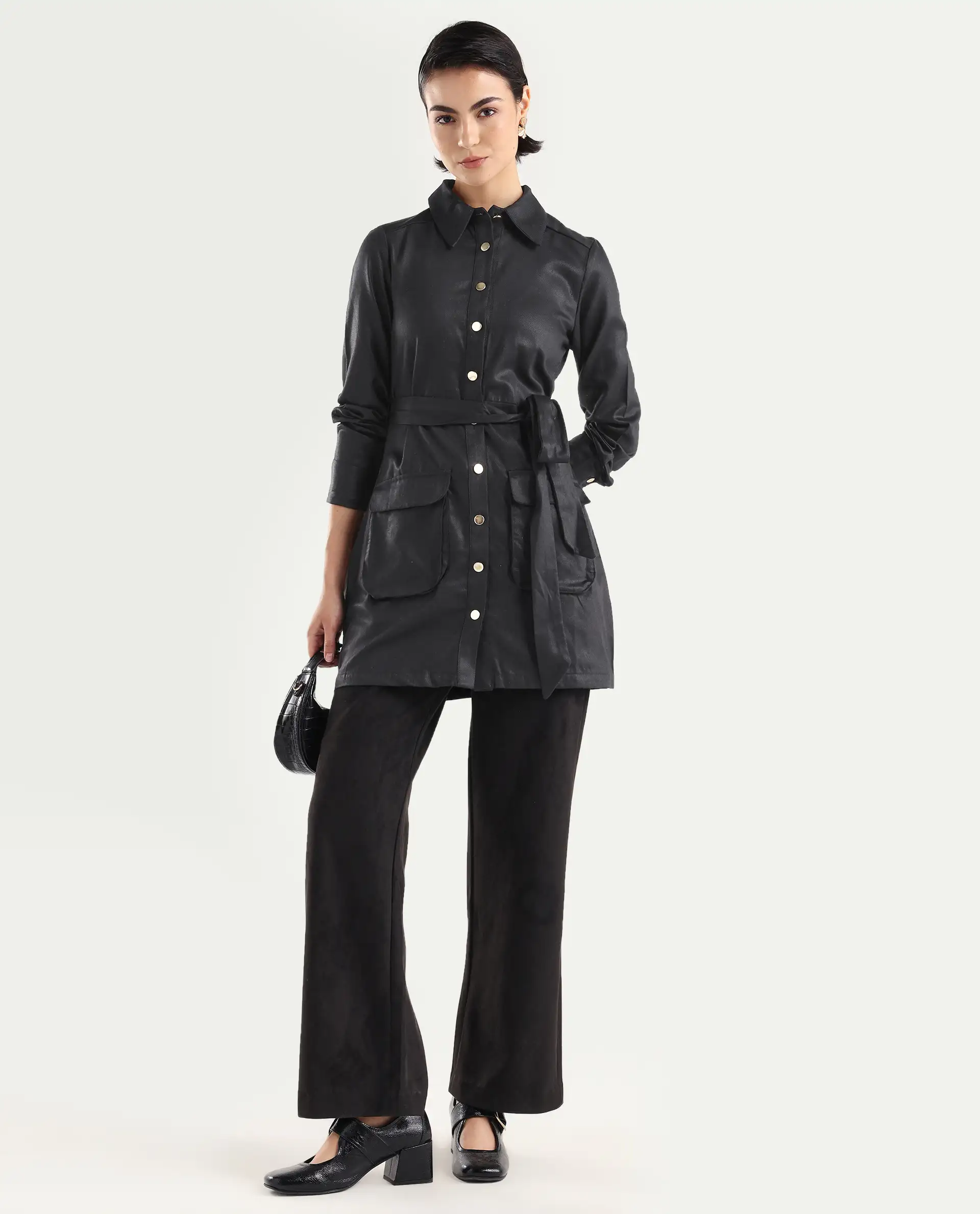 Rareism Women's Fenko Black Cotton Spread Collar Plain Mini Relaxed Fit Dress - Image 2