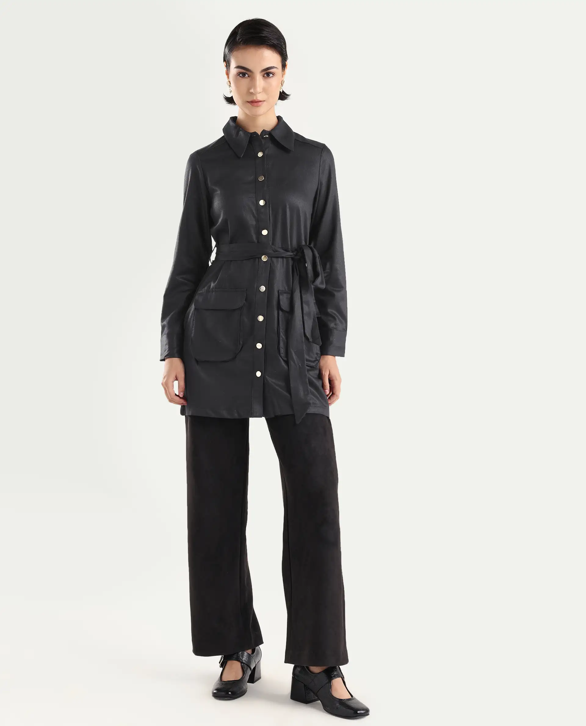 Rareism Women's Fenko Black Cotton Spread Collar Plain Mini Relaxed Fit Dress - Image 3