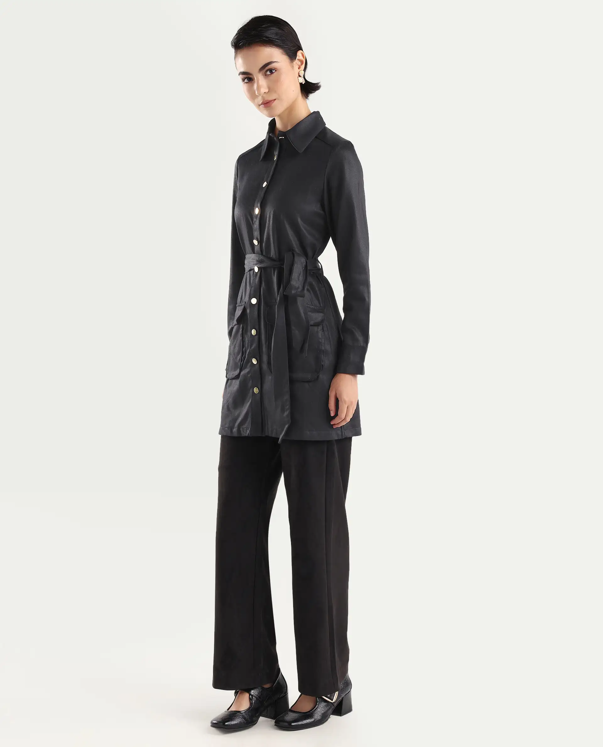 Rareism Women's Fenko Black Cotton Spread Collar Plain Mini Relaxed Fit Dress - Image 4