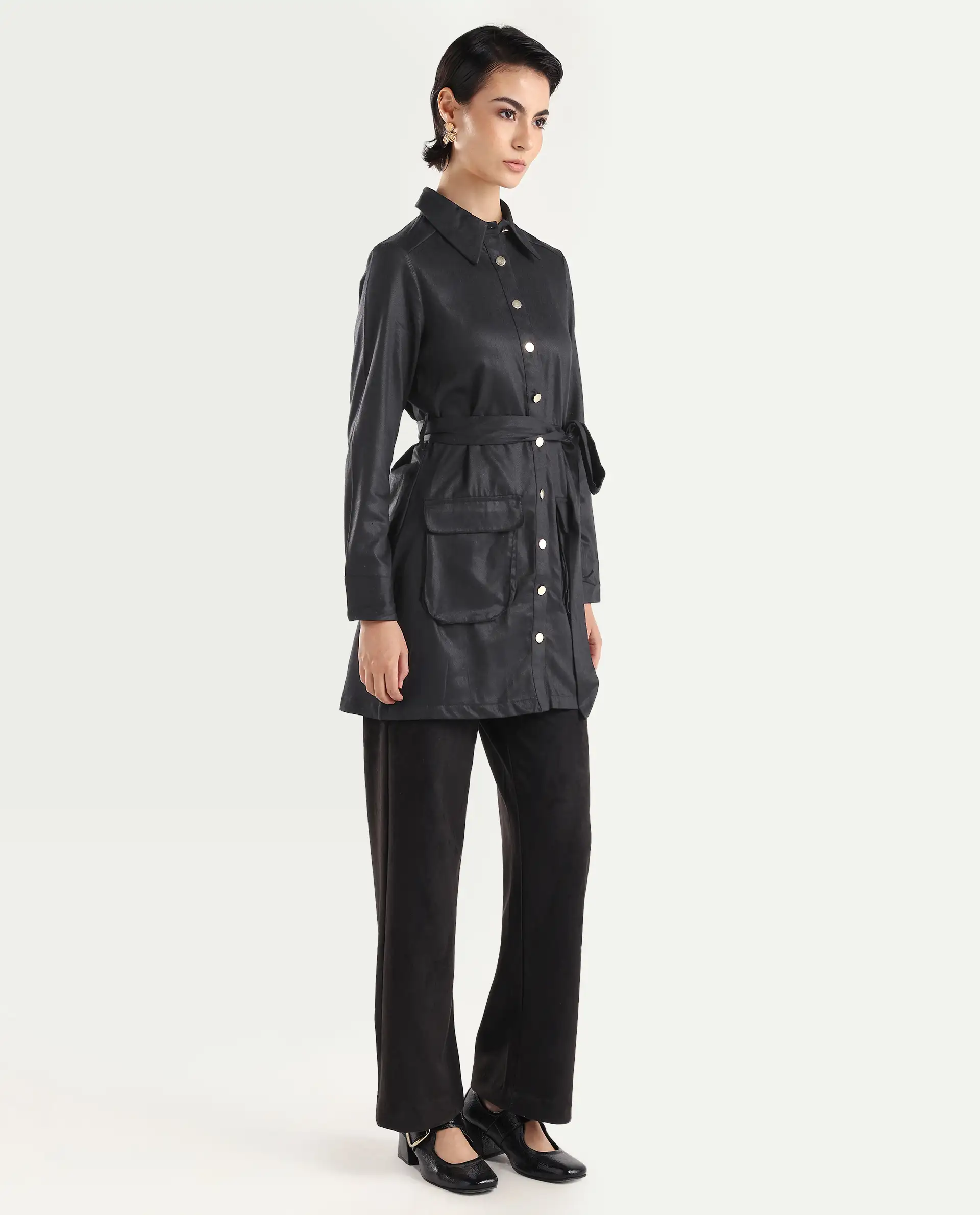 Rareism Women's Fenko Black Cotton Spread Collar Plain Mini Relaxed Fit Dress - Image 5