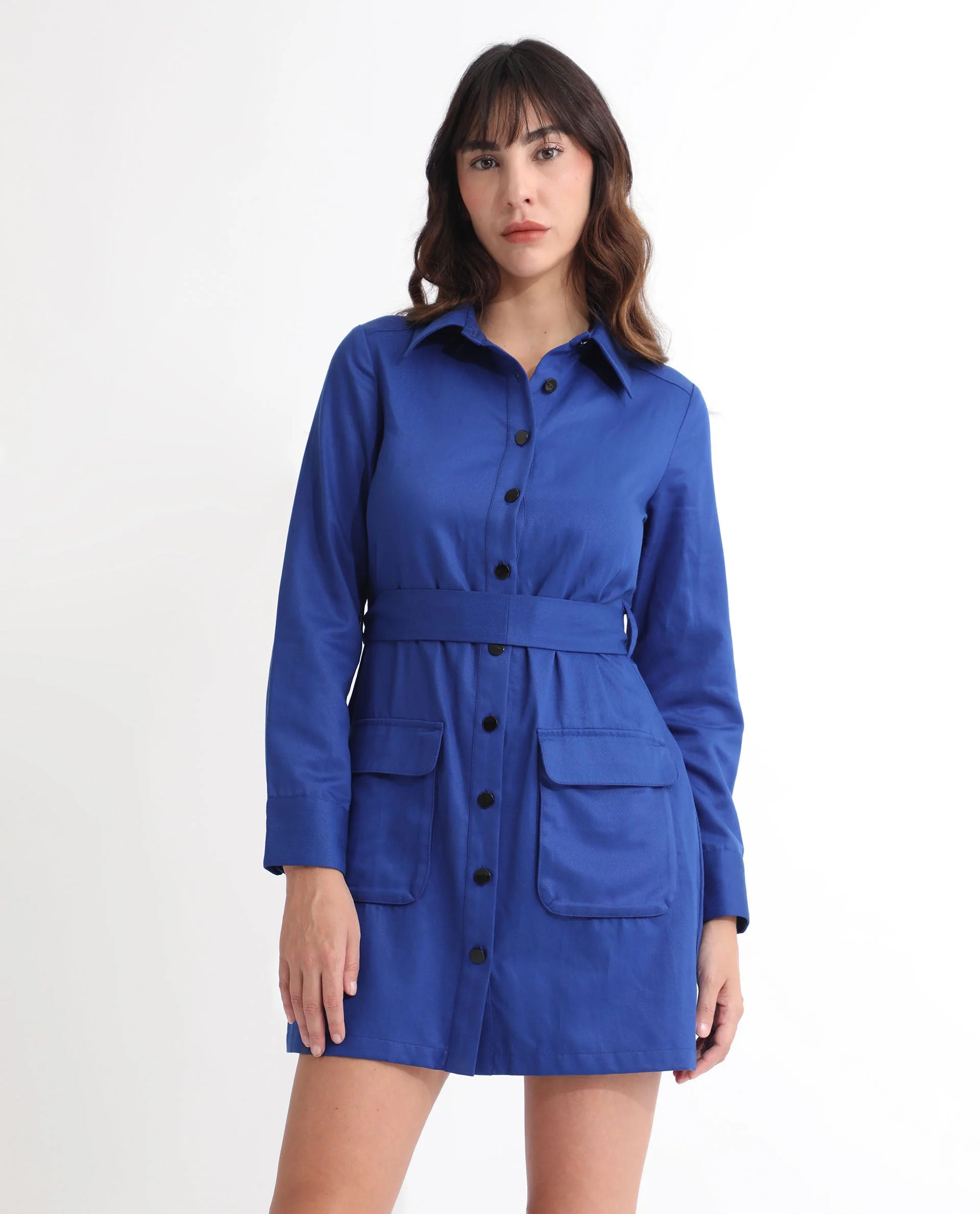 Rareism Women's Fenko Flouroscent Blue Cotton Spread Collar Plain Mini Relaxed Fit Dress - Image 3