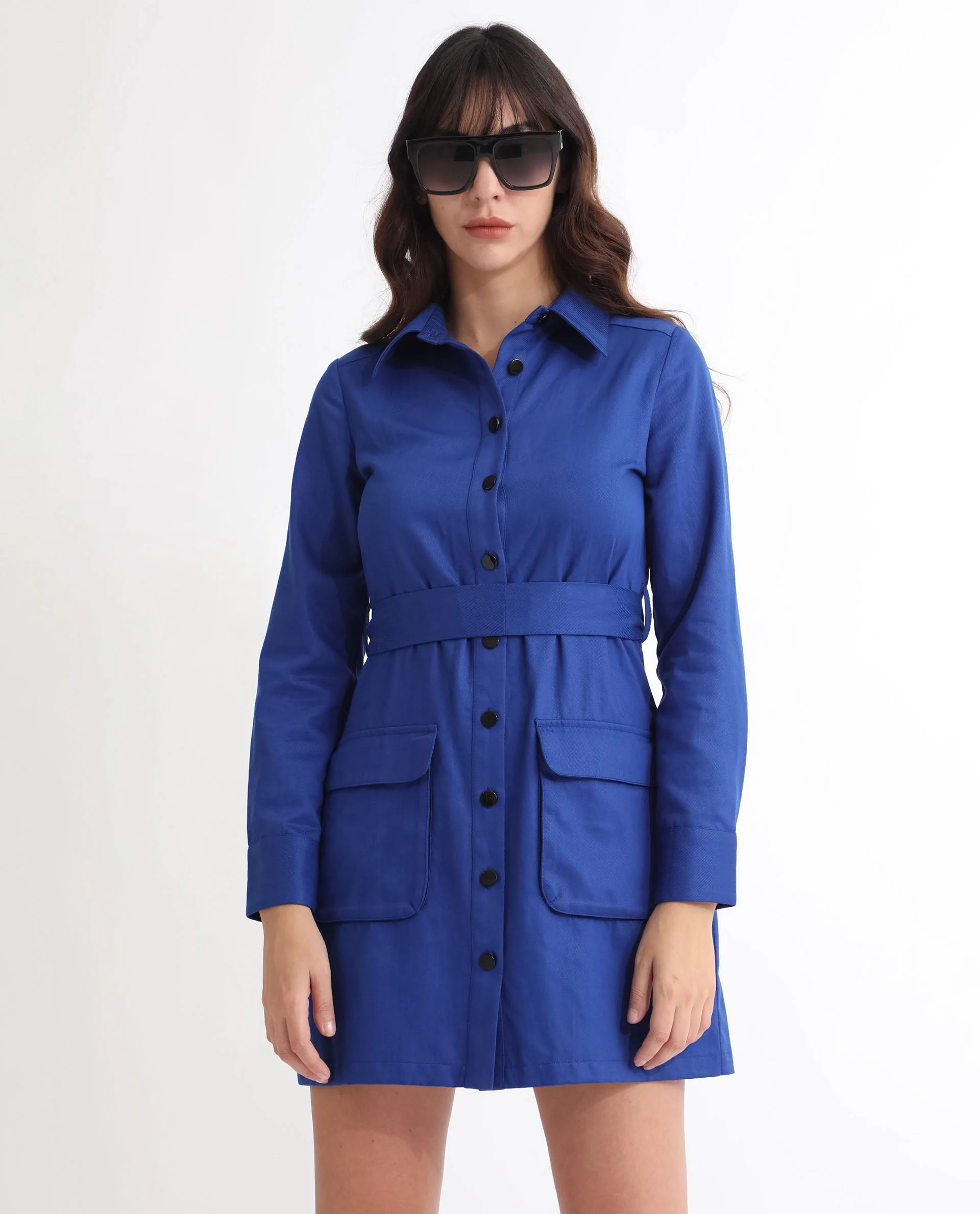 Rareism Women's Fenko Flouroscent Blue Cotton Spread Collar Plain Mini Relaxed Fit Dress - Image 4