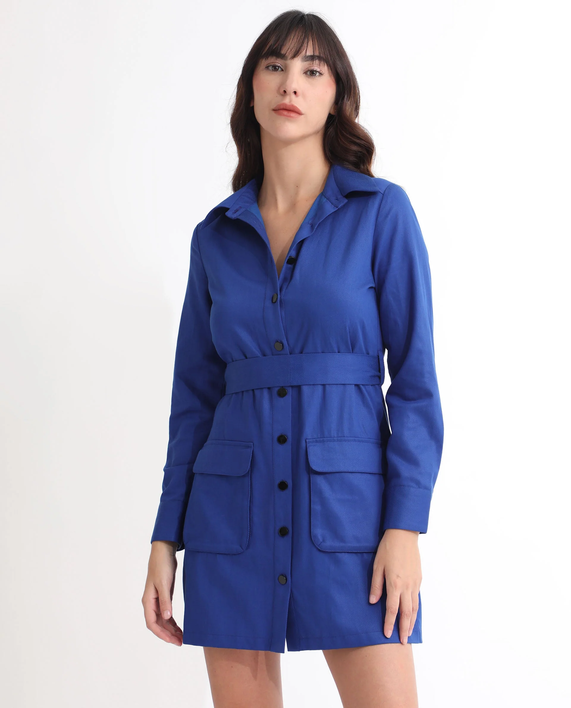 Rareism Women's Fenko Flouroscent Blue Cotton Spread Collar Plain Mini Relaxed Fit Dress - Image 5