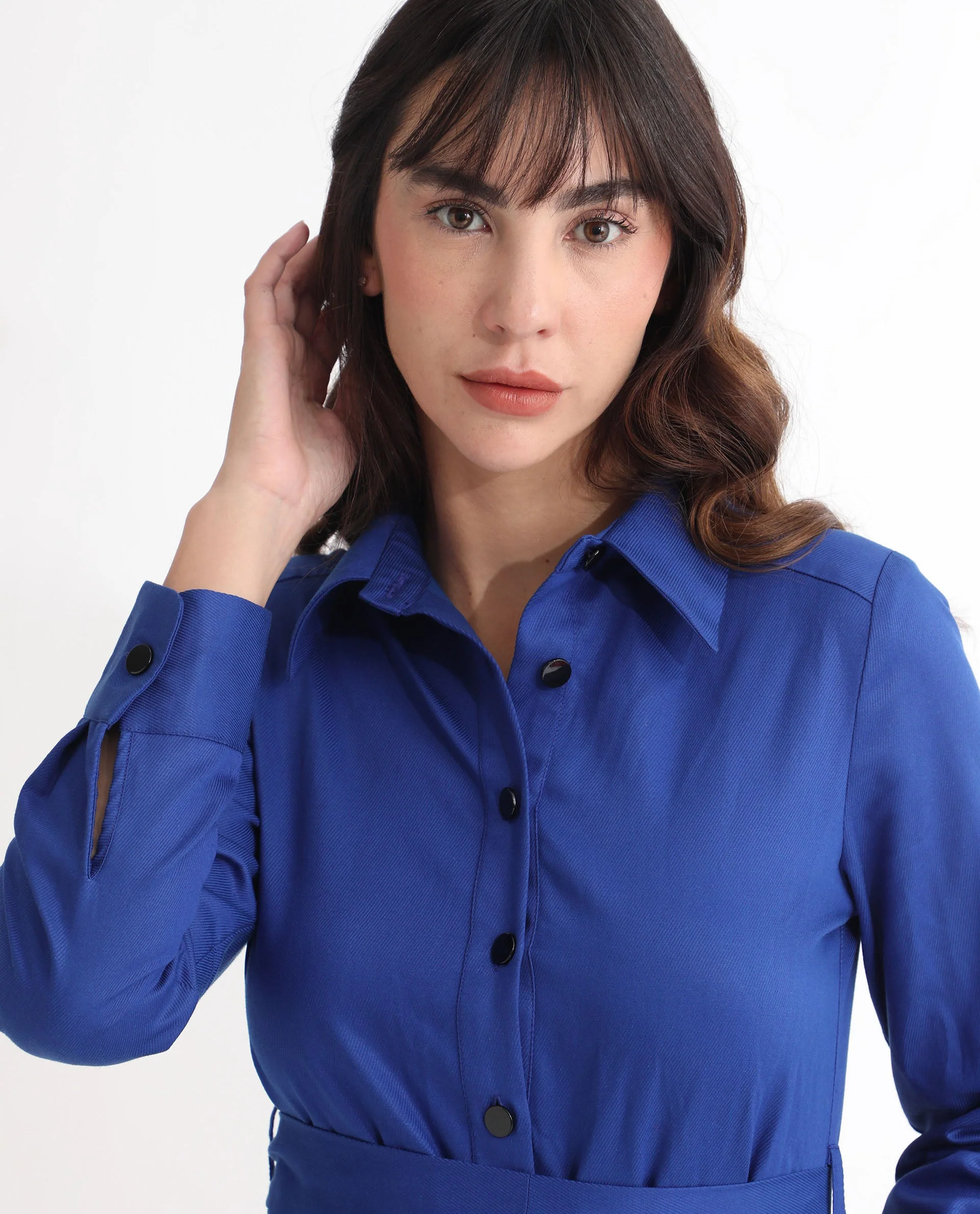 Rareism Women's Fenko Flouroscent Blue Cotton Spread Collar Plain Mini Relaxed Fit Dress - Image 6