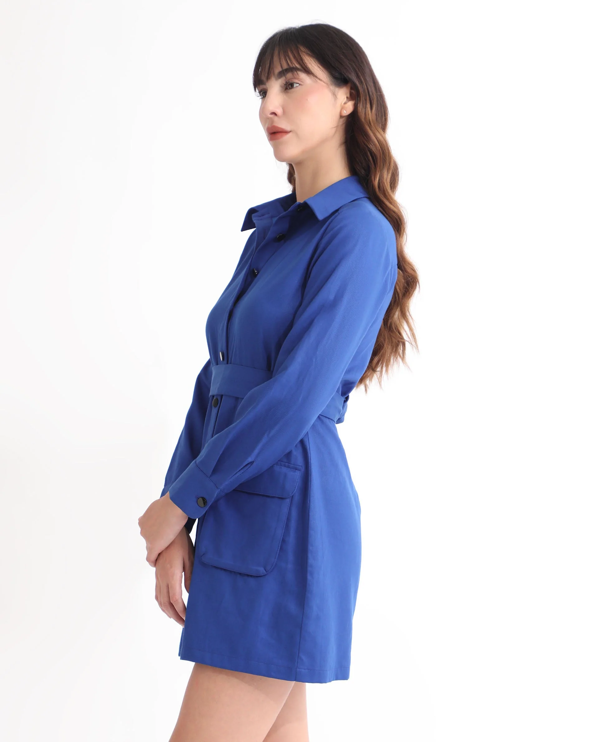 Rareism Women's Fenko Flouroscent Blue Cotton Spread Collar Plain Mini Relaxed Fit Dress - Image 7