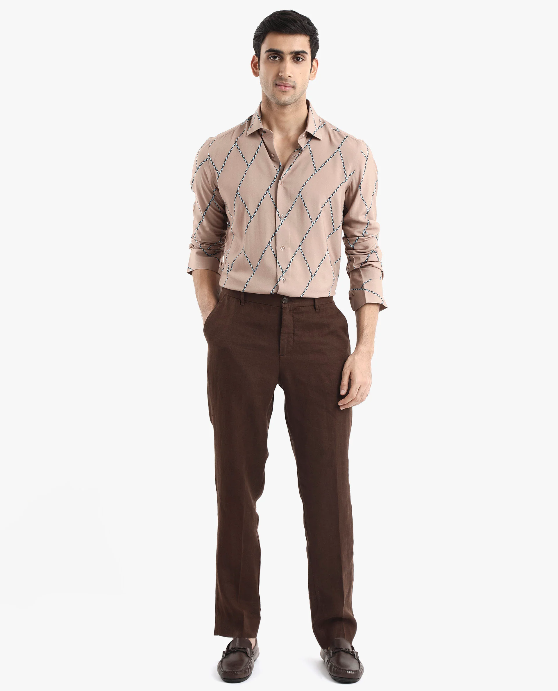 Rare Rabbit Men's Fenney Ls Brown Viscose Geometric Print Regular Fit Full Sleeve Collared Shirt - Image 2