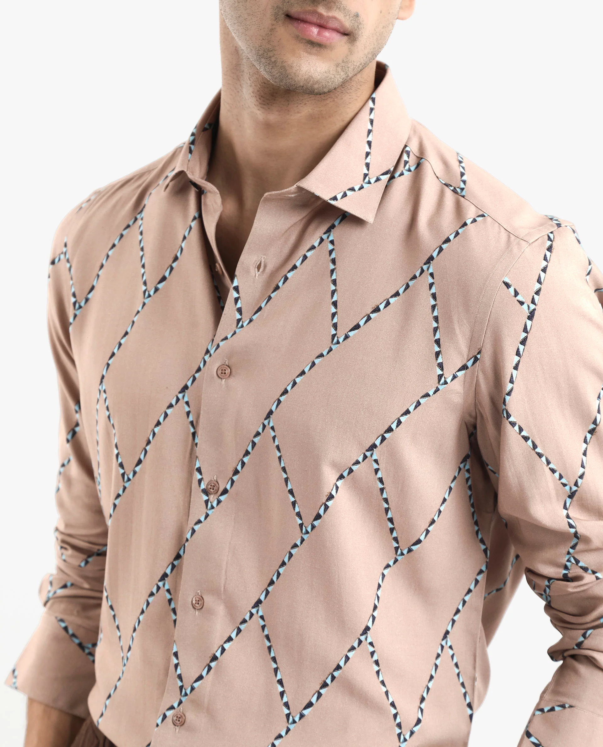 Rare Rabbit Men's Fenney Ls Brown Viscose Geometric Print Regular Fit Full Sleeve Collared Shirt - Image 3