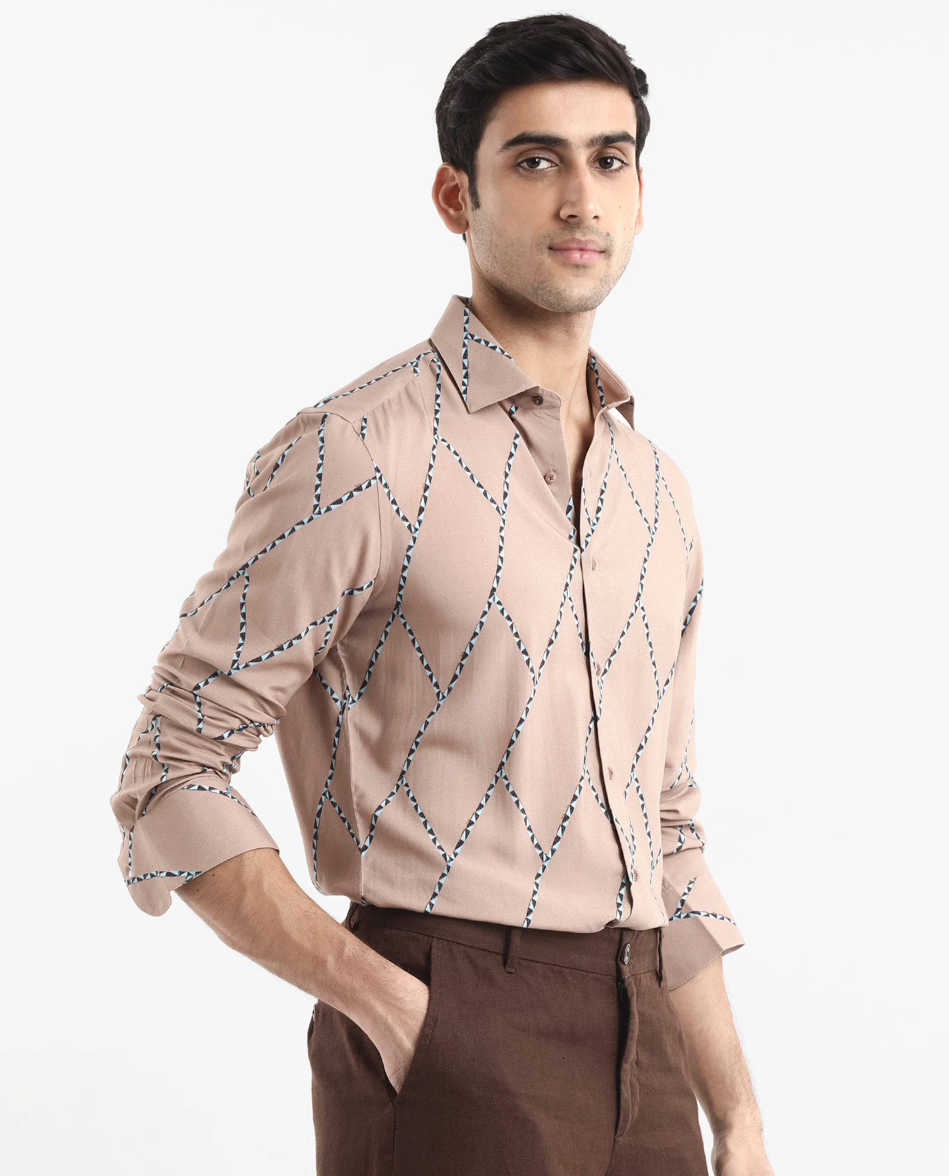 Rare Rabbit Men's Fenney Ls Brown Viscose Geometric Print Regular Fit Full Sleeve Collared Shirt - Image 4