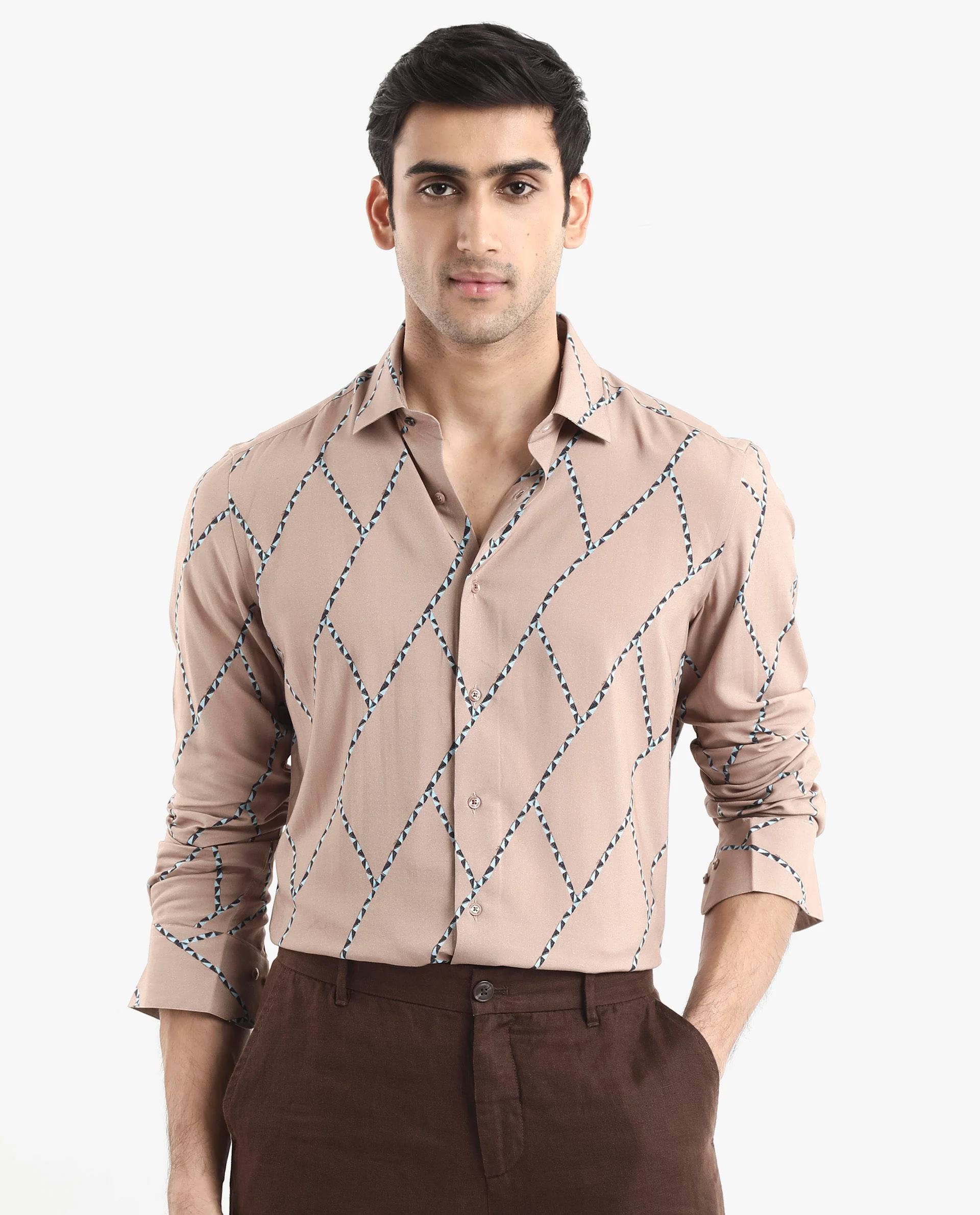 Rare Rabbit Men's Fenney Ls Brown Viscose Geometric Print Regular Fit Full Sleeve Collared Shirt - Image 7