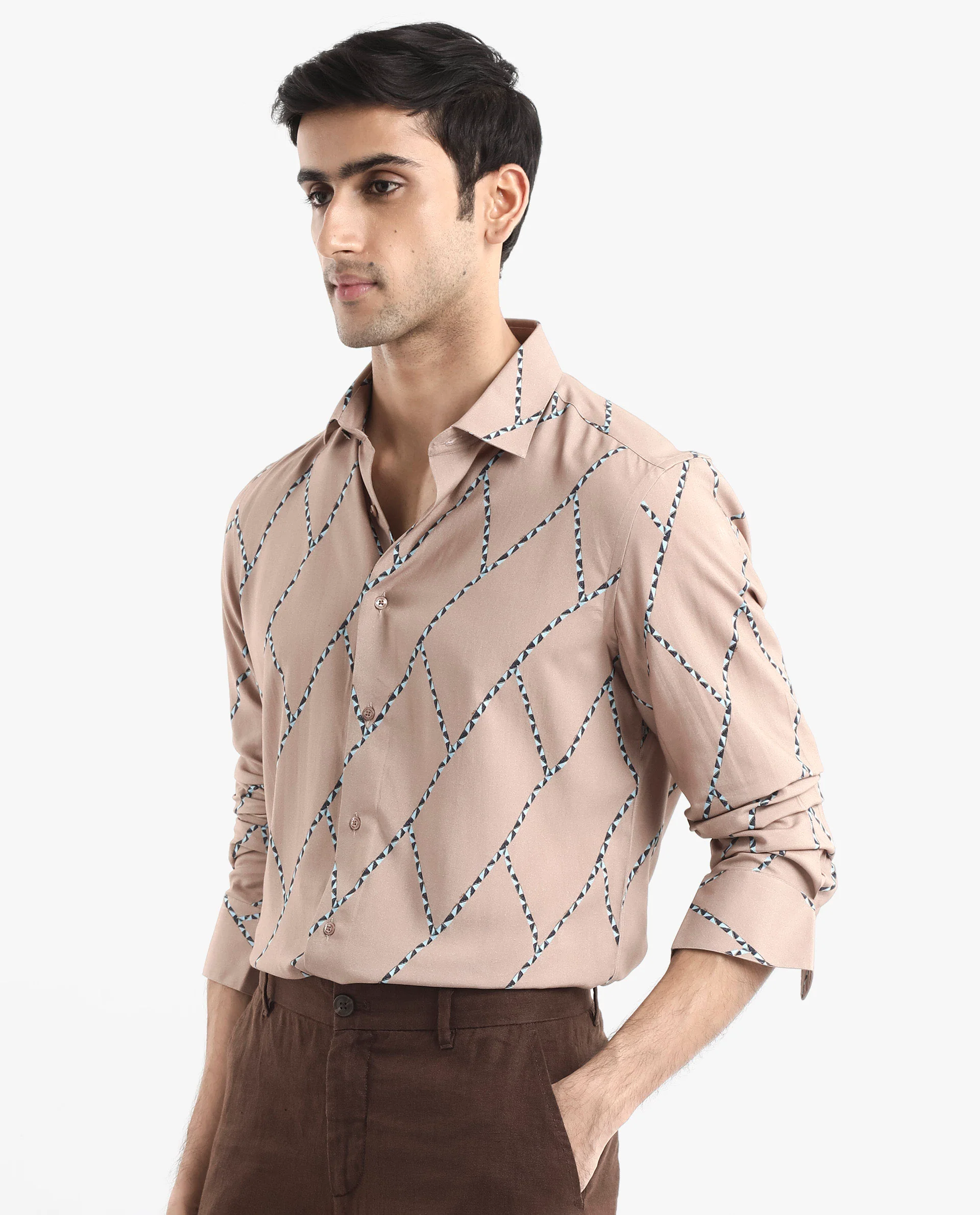 Rare Rabbit Men's Fenney Ls Brown Viscose Geometric Print Regular Fit Full Sleeve Collared Shirt - Image 8
