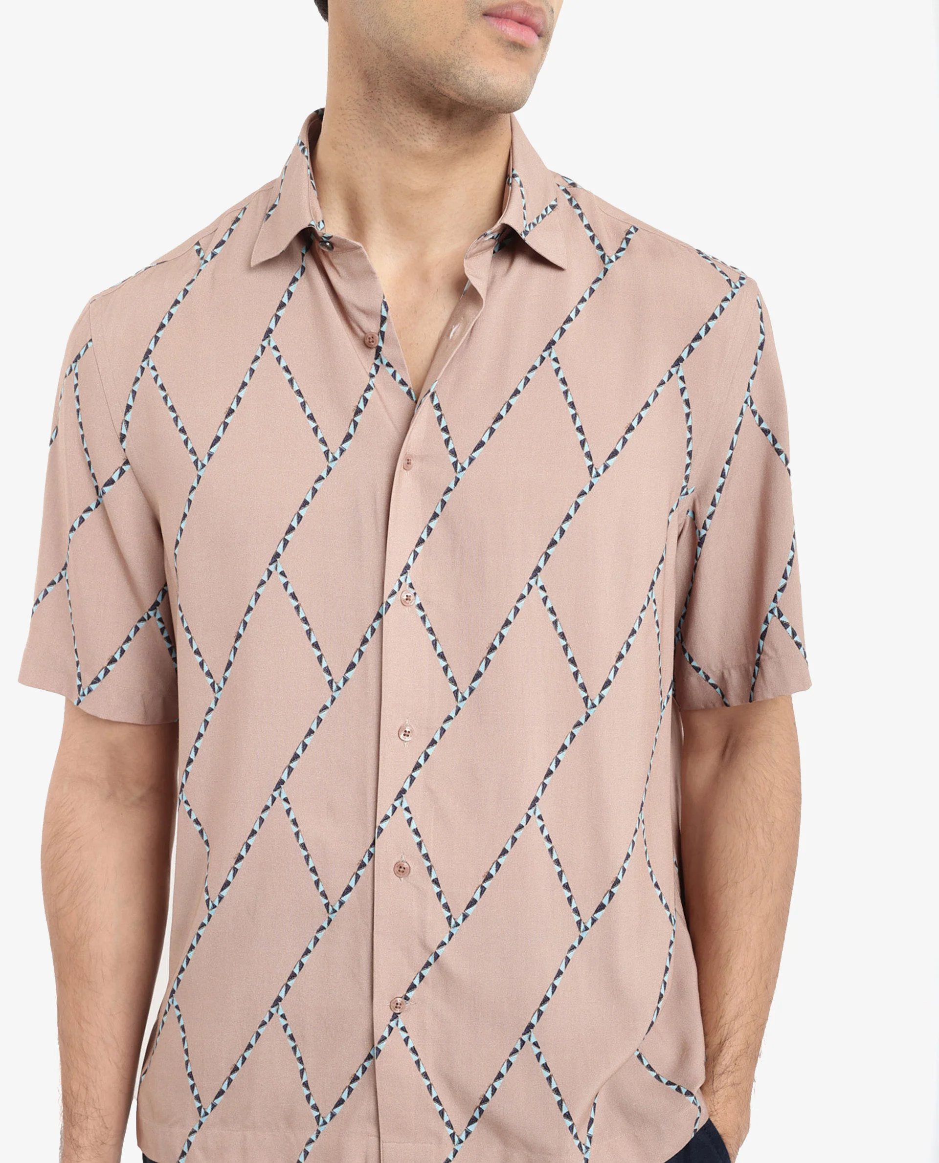 Rare Rabbit Men's Fenney Ss Brown Viscose Geometric Print Boxy Fit Half Sleeve Collared Shirt - Image 3
