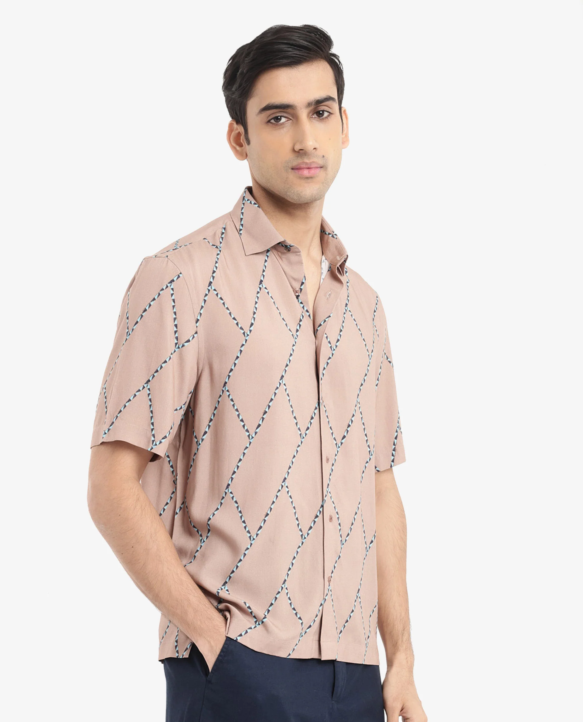 Rare Rabbit Men's Fenney Ss Brown Viscose Geometric Print Boxy Fit Half Sleeve Collared Shirt - Image 4