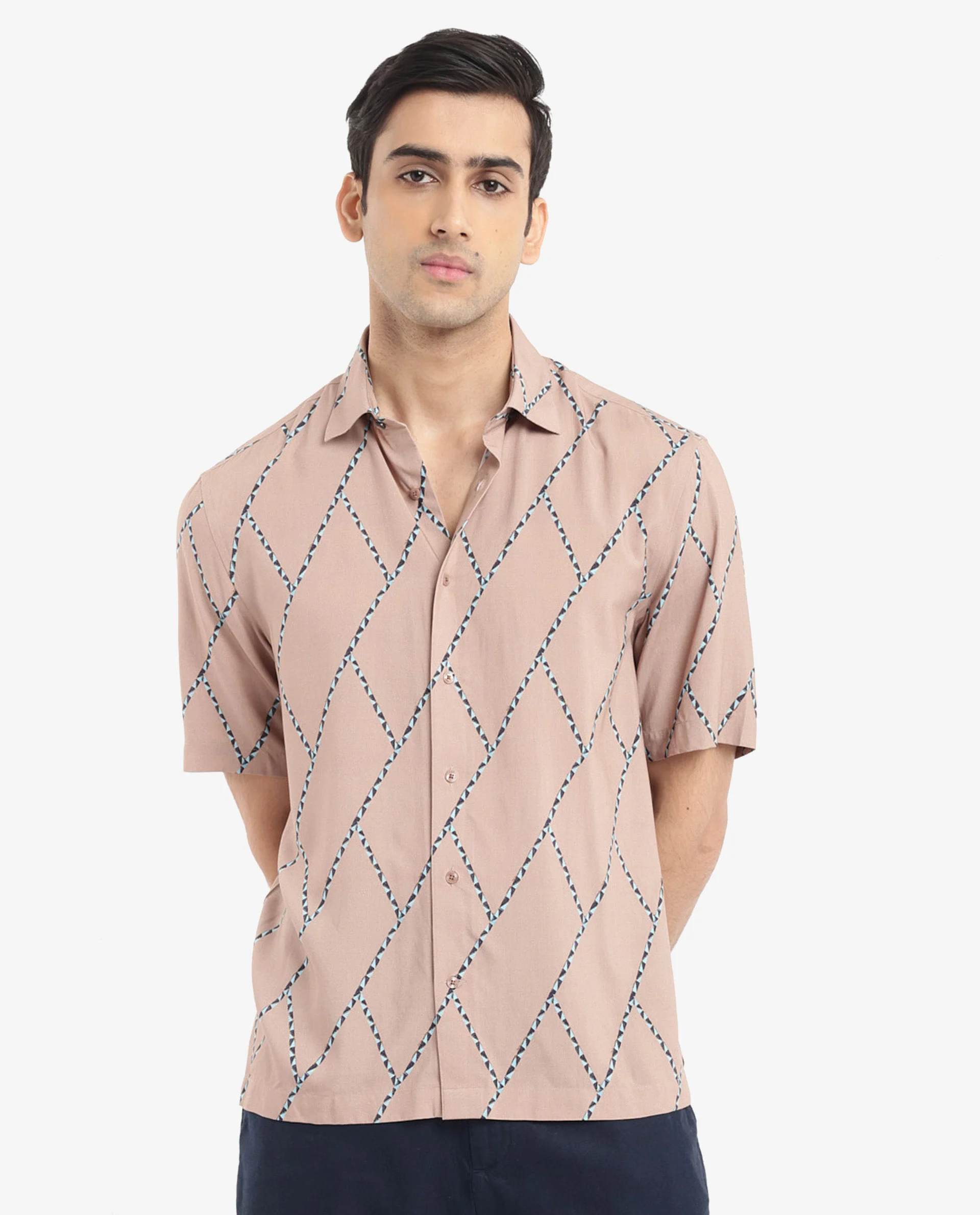 Rare Rabbit Men's Fenney Ss Brown Viscose Geometric Print Boxy Fit Half Sleeve Collared Shirt - Image 6