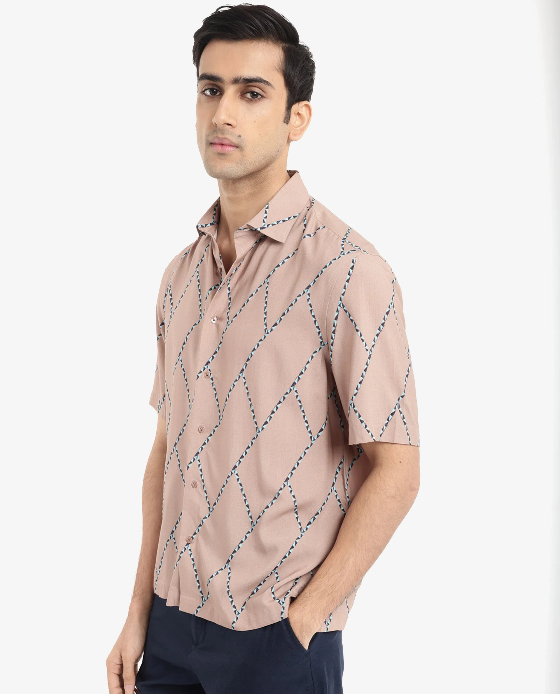Rare Rabbit Men's Fenney Ss Brown Viscose Geometric Print Boxy Fit Half Sleeve Collared Shirt - Image 8