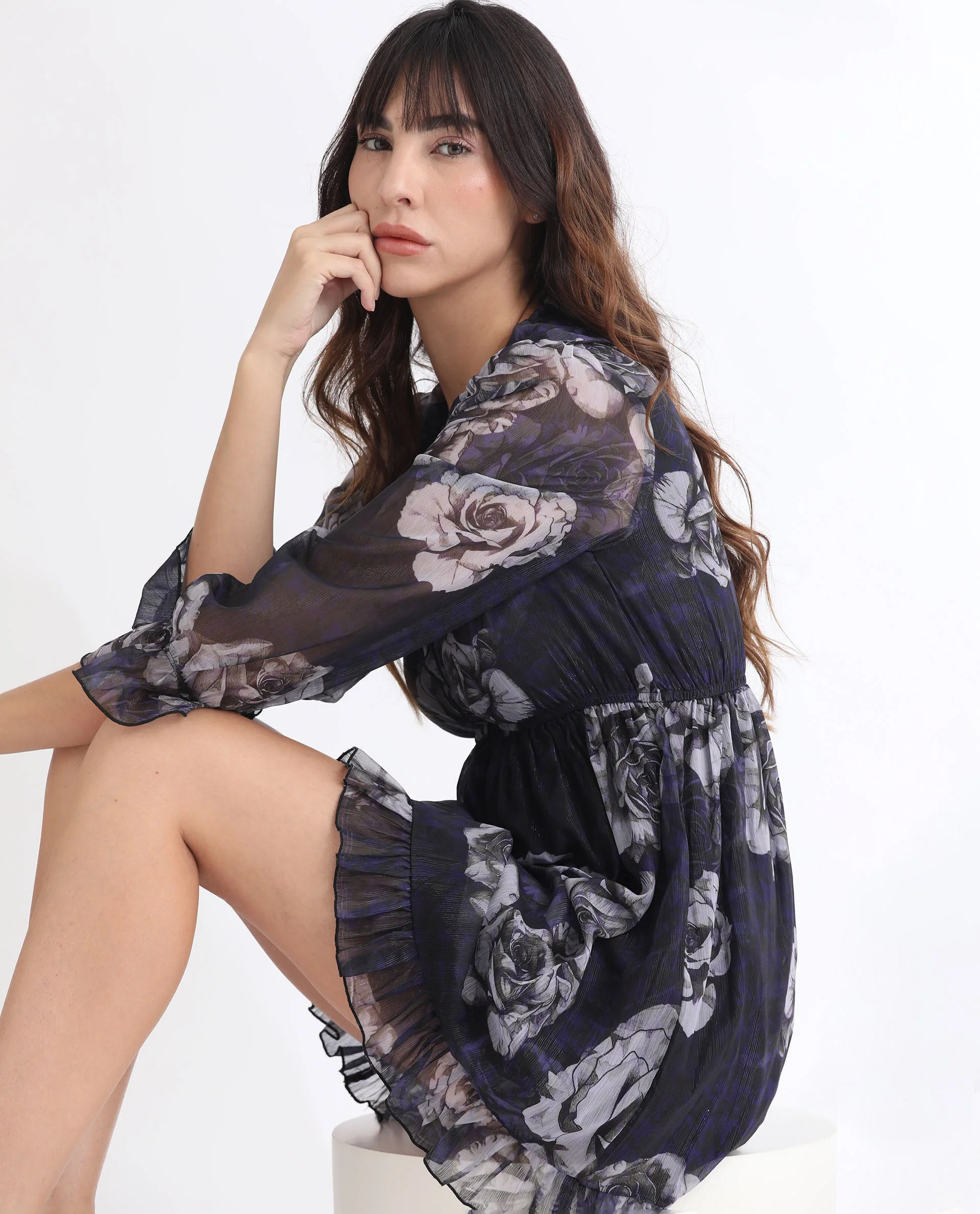 Rareism Women's Fente Dark Purple Polyester V-Neck Floral Print Balloon Sleeve Mini Relaxed Fit Dress - Image 3