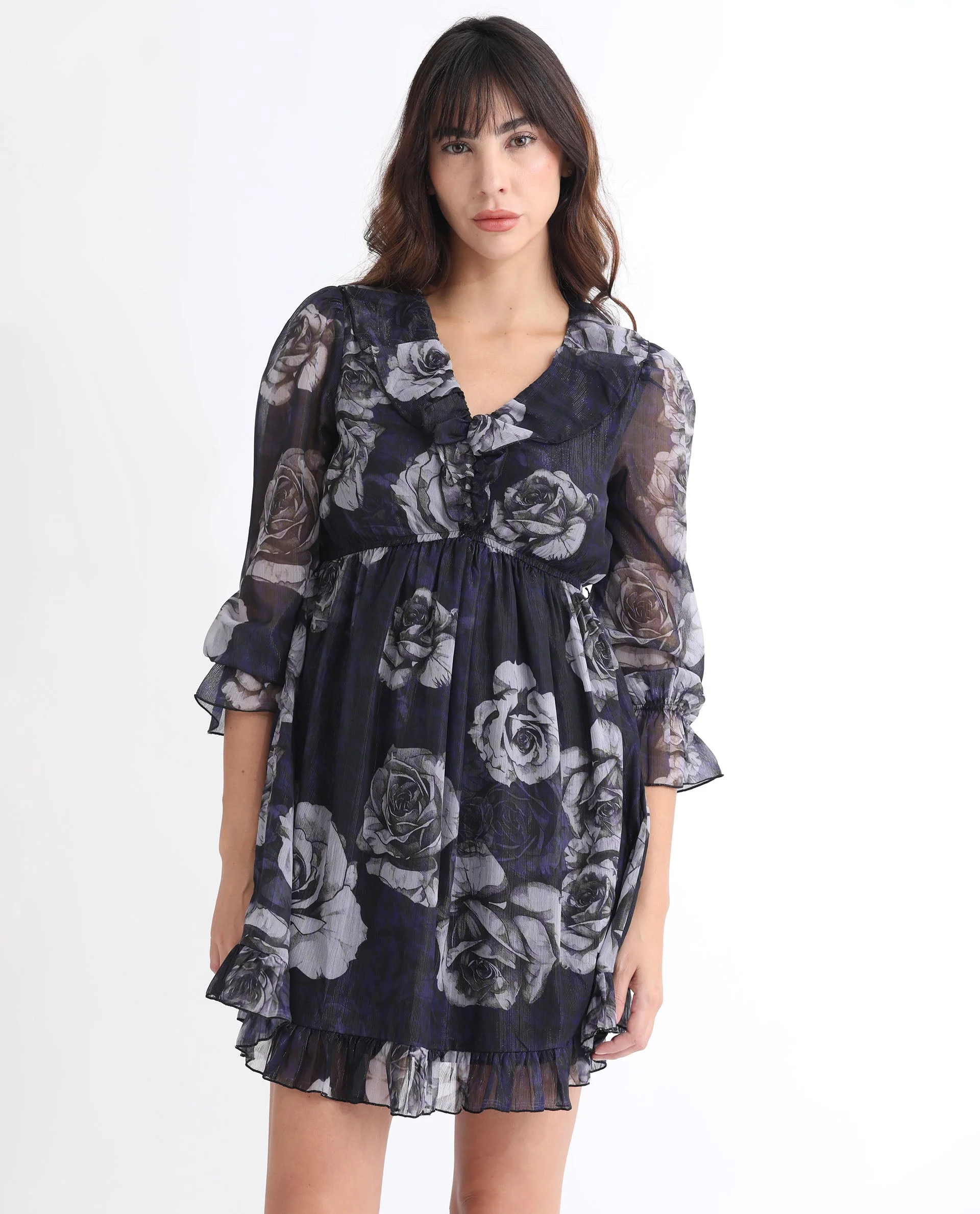 Rareism Women's Fente Dark Purple Polyester V-Neck Floral Print Balloon Sleeve Mini Relaxed Fit Dress - Image 4
