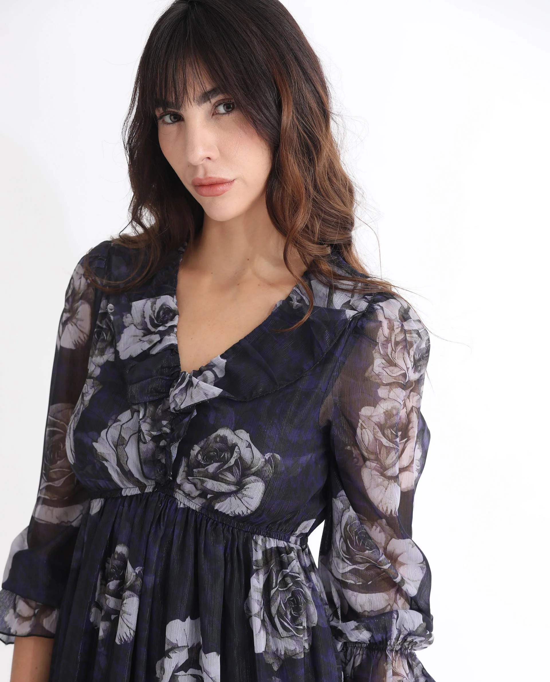 Rareism Women's Fente Dark Purple Polyester V-Neck Floral Print Balloon Sleeve Mini Relaxed Fit Dress - Image 5