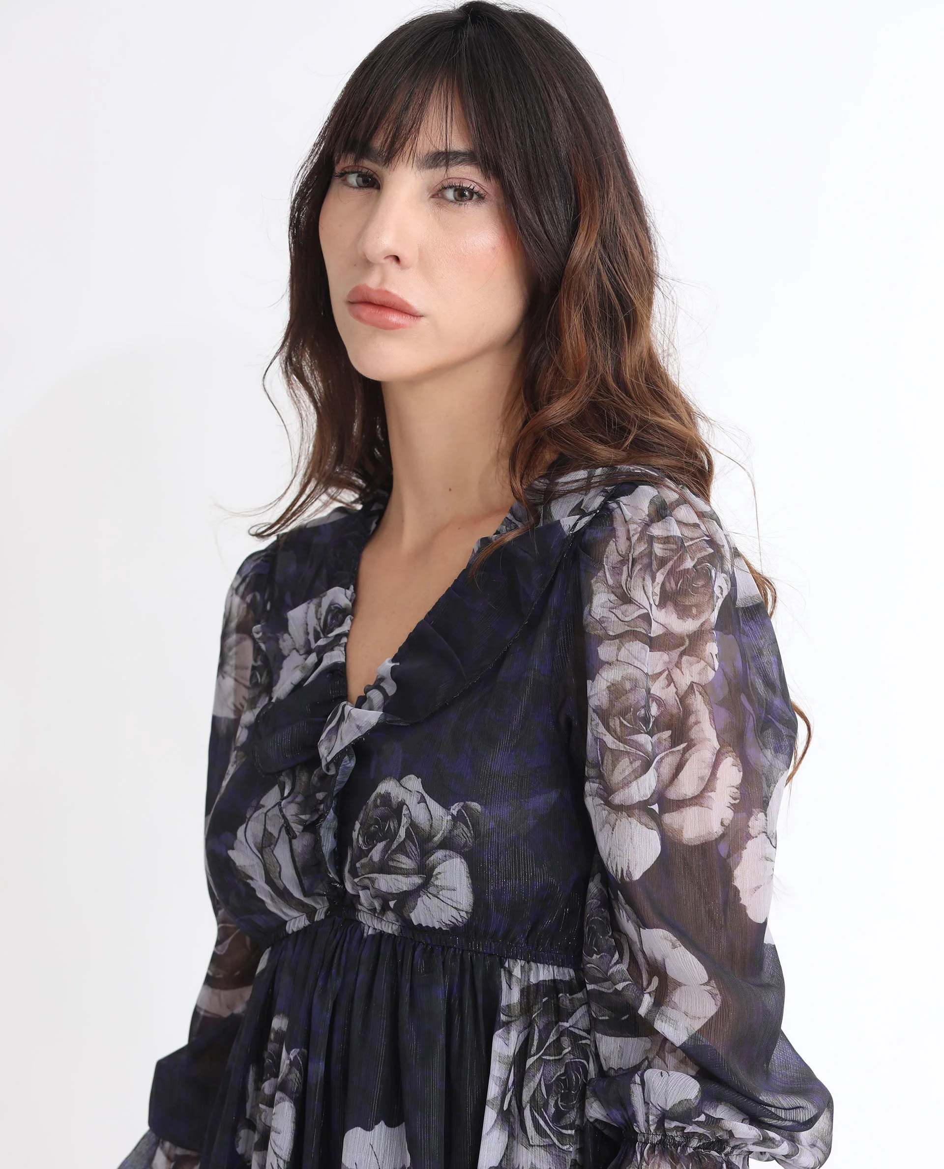 Rareism Women's Fente Dark Purple Polyester V-Neck Floral Print Balloon Sleeve Mini Relaxed Fit Dress - Image 6