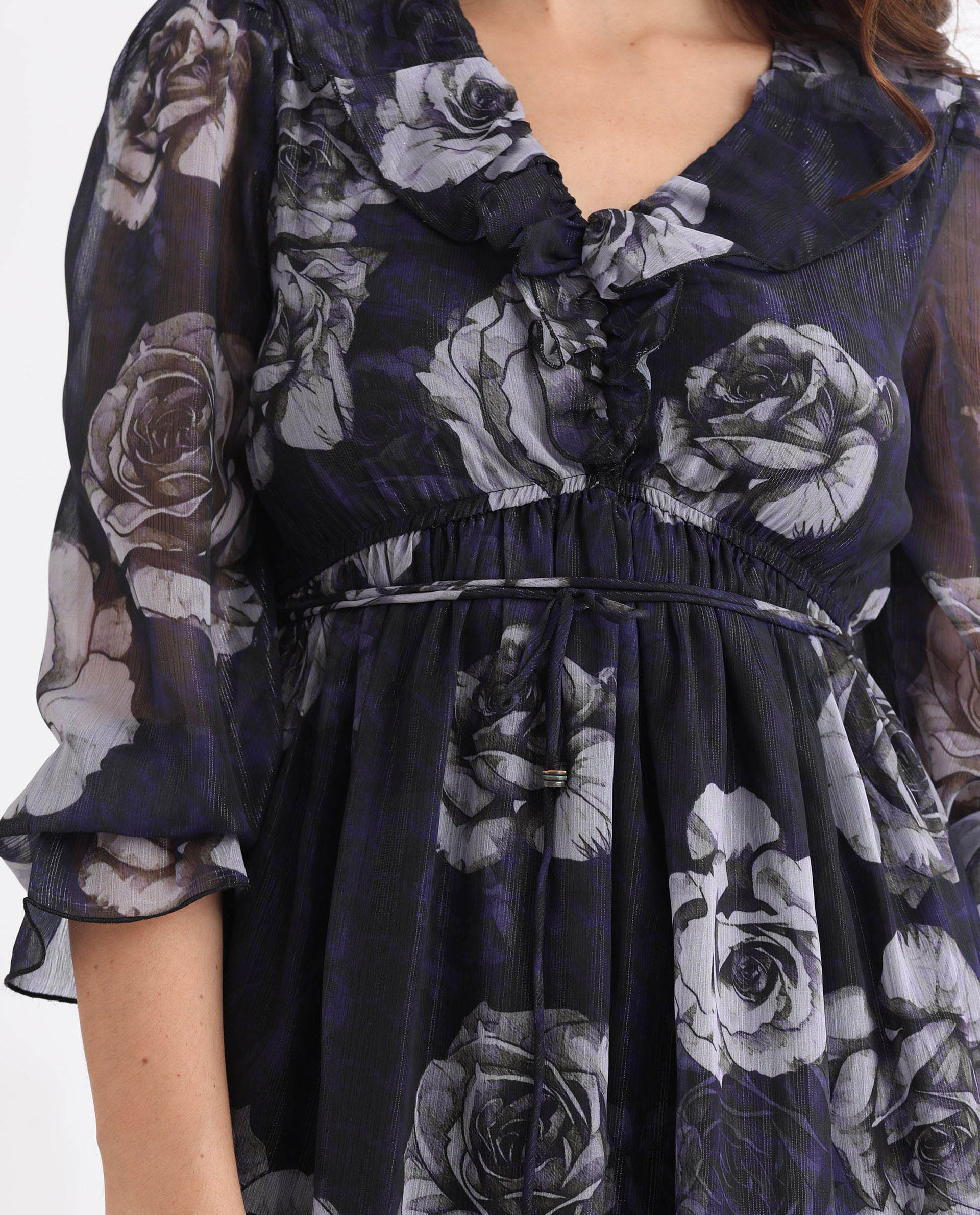 Rareism Women's Fente Dark Purple Polyester V-Neck Floral Print Balloon Sleeve Mini Relaxed Fit Dress - Image 7