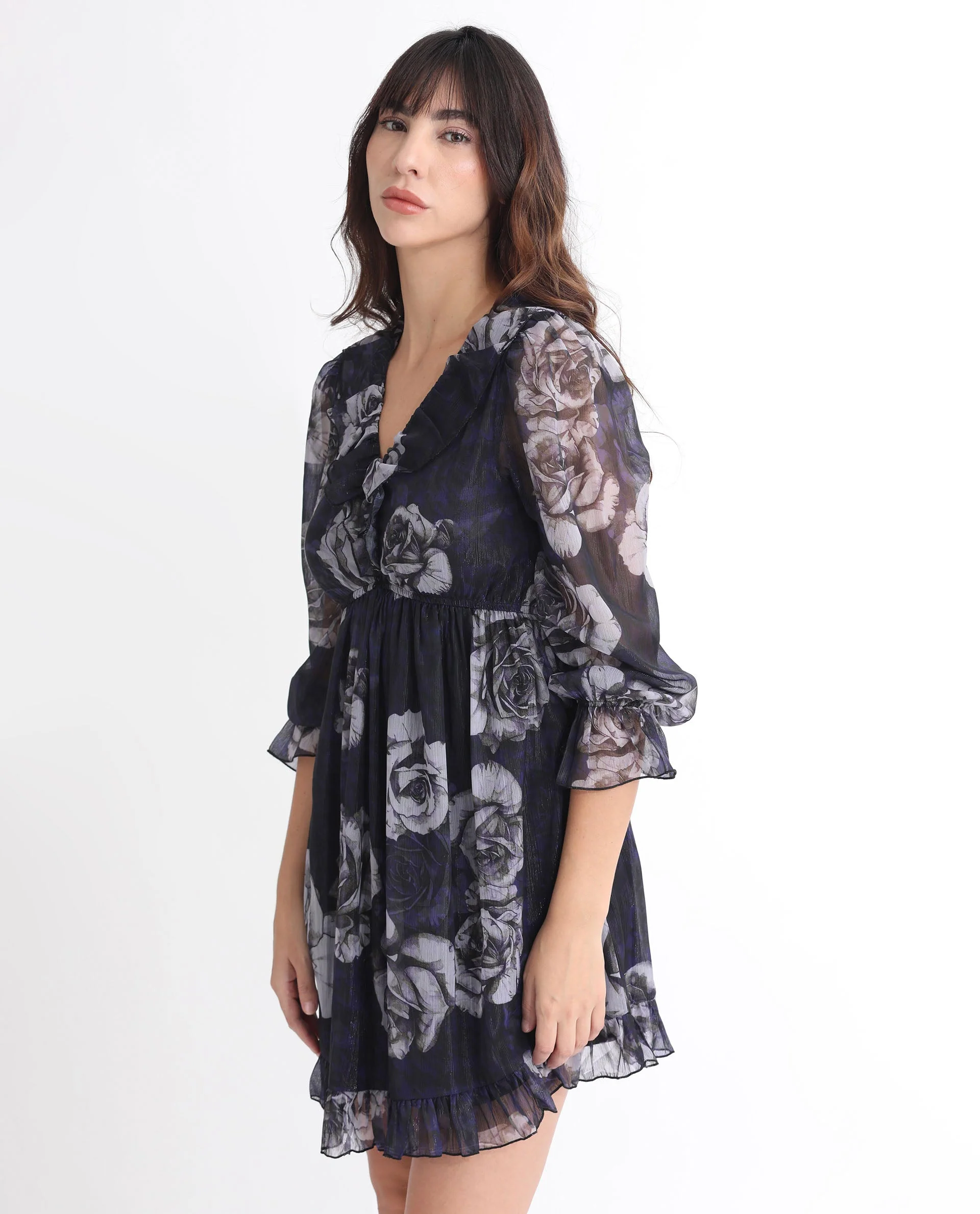 Rareism Women's Fente Dark Purple Polyester V-Neck Floral Print Balloon Sleeve Mini Relaxed Fit Dress - Image 8