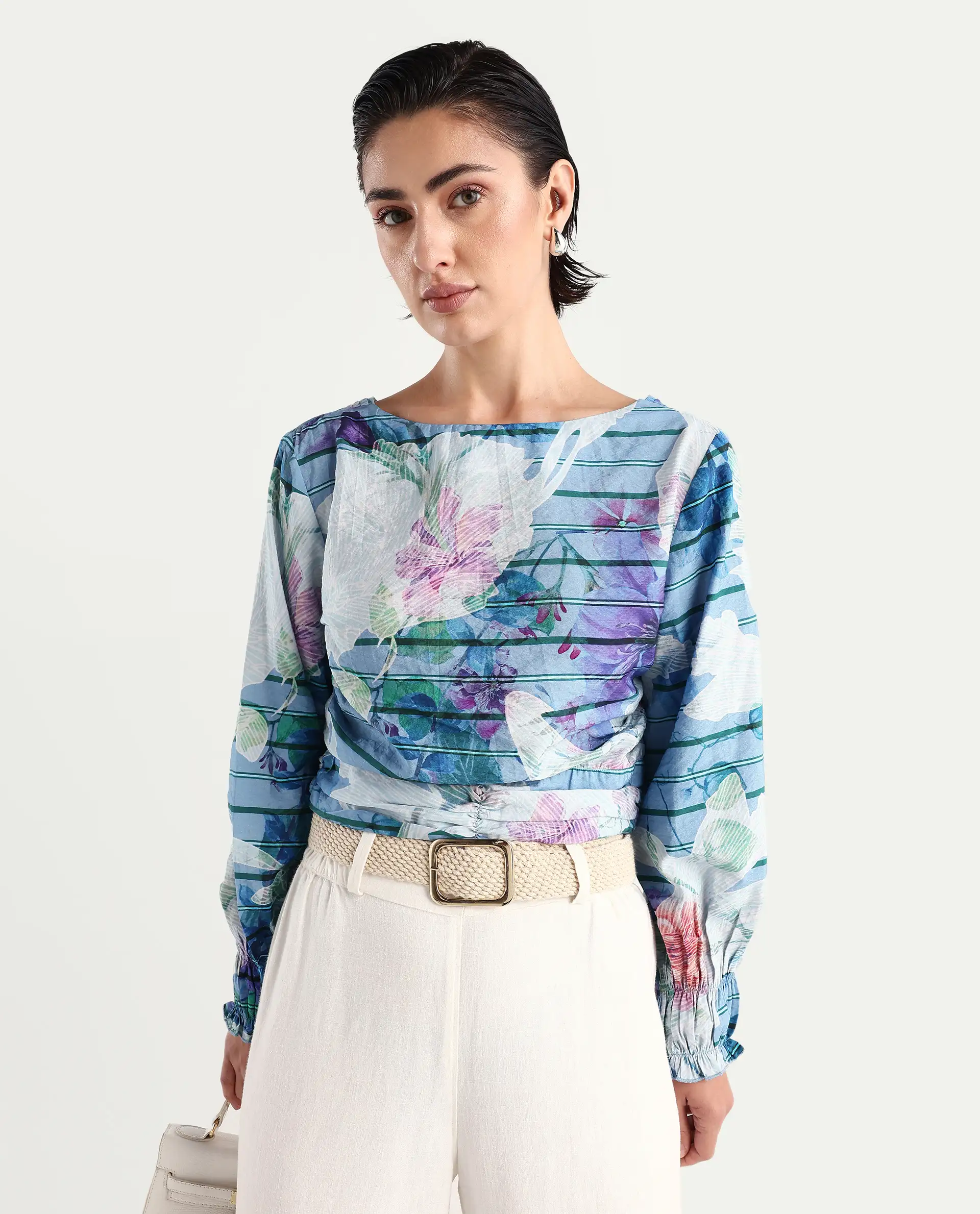 Rareism Women's Feonao Blue Nylon Blend Crew Neck Floral Print Bishop Sleeve Crop Regular Fit Top