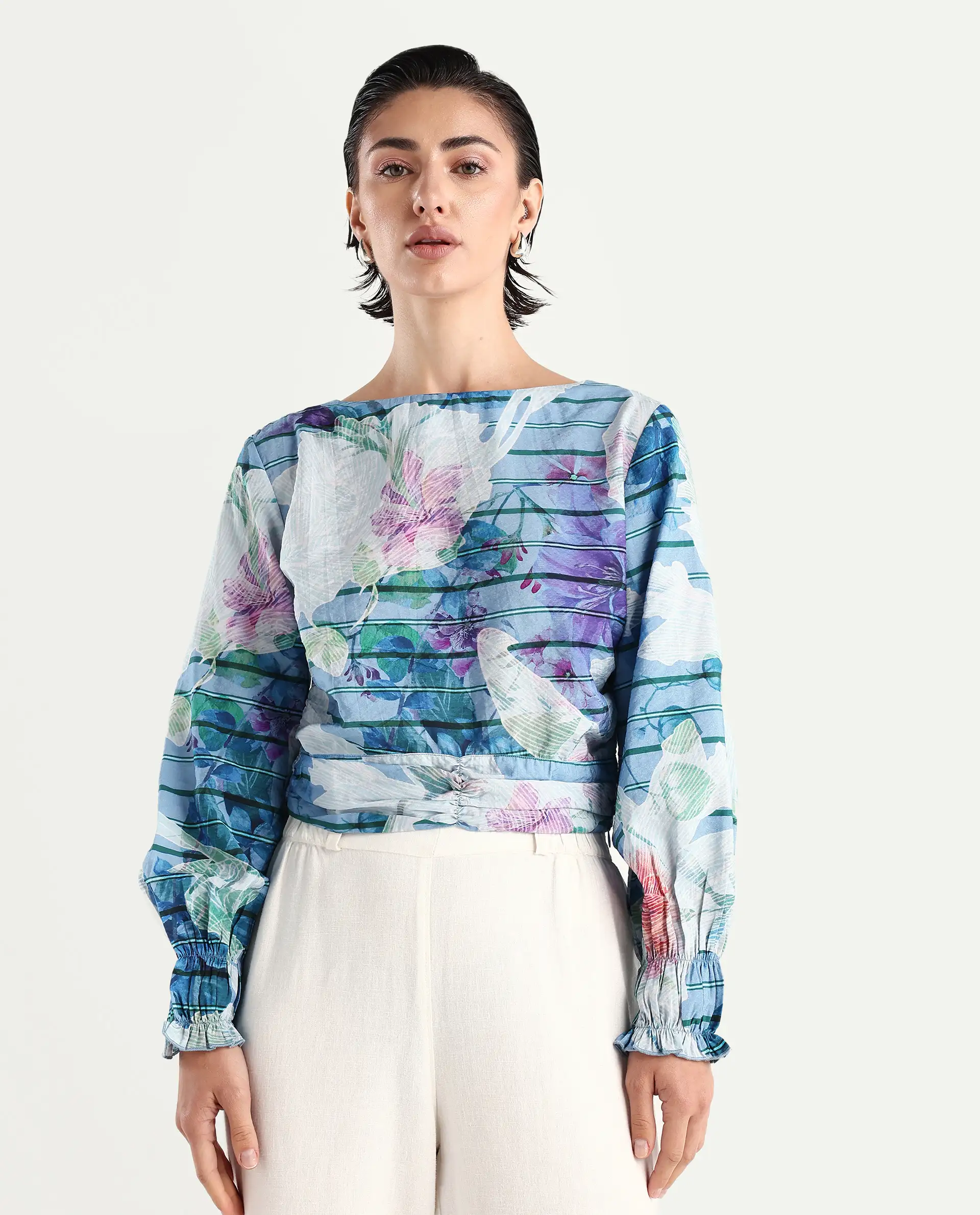Rareism Women's Feonao Blue Nylon Blend Crew Neck Floral Print Bishop Sleeve Crop Regular Fit Top - Image 4