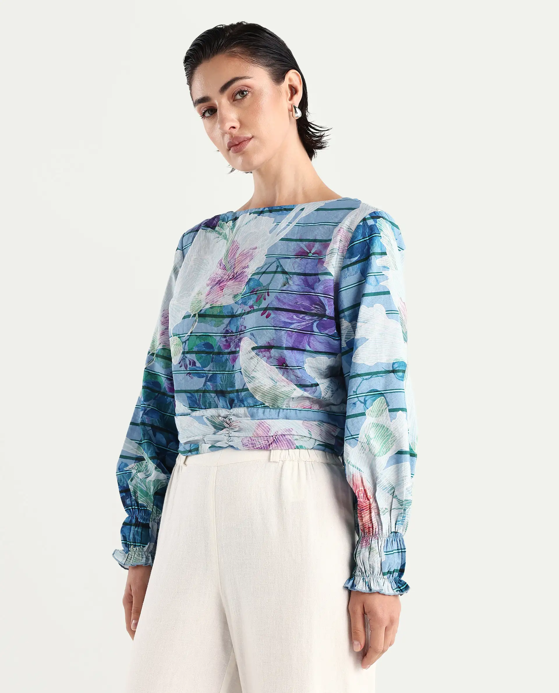 Rareism Women's Feonao Blue Nylon Blend Crew Neck Floral Print Bishop Sleeve Crop Regular Fit Top - Image 5