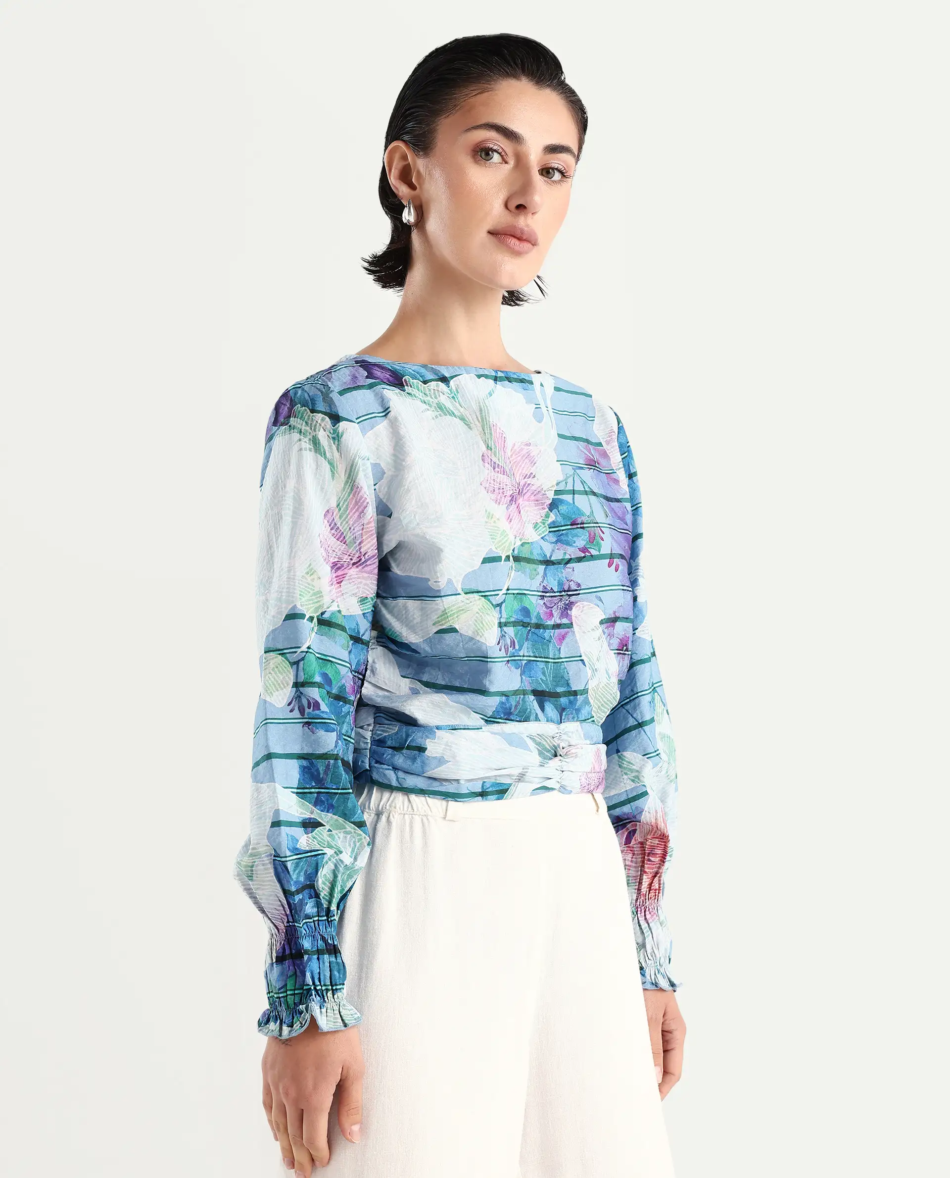 Rareism Women's Feonao Blue Nylon Blend Crew Neck Floral Print Bishop Sleeve Crop Regular Fit Top - Image 6
